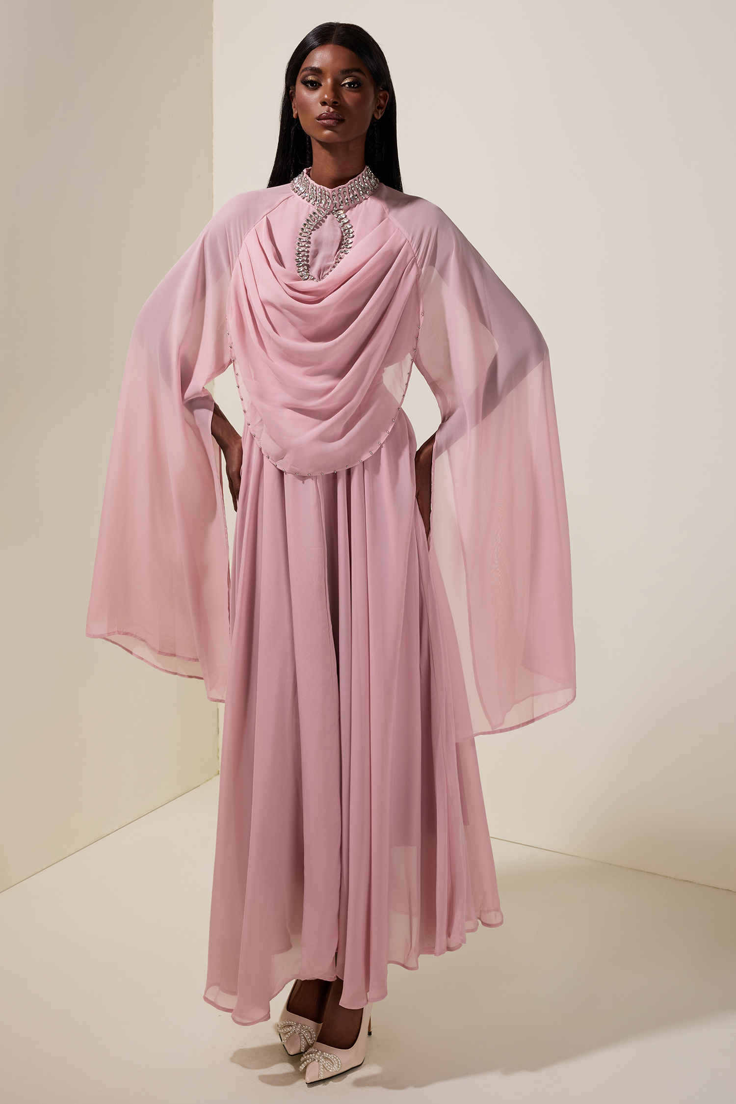 Chiffon Rhinestone Cape Sleeve Maxi Dress With Belt