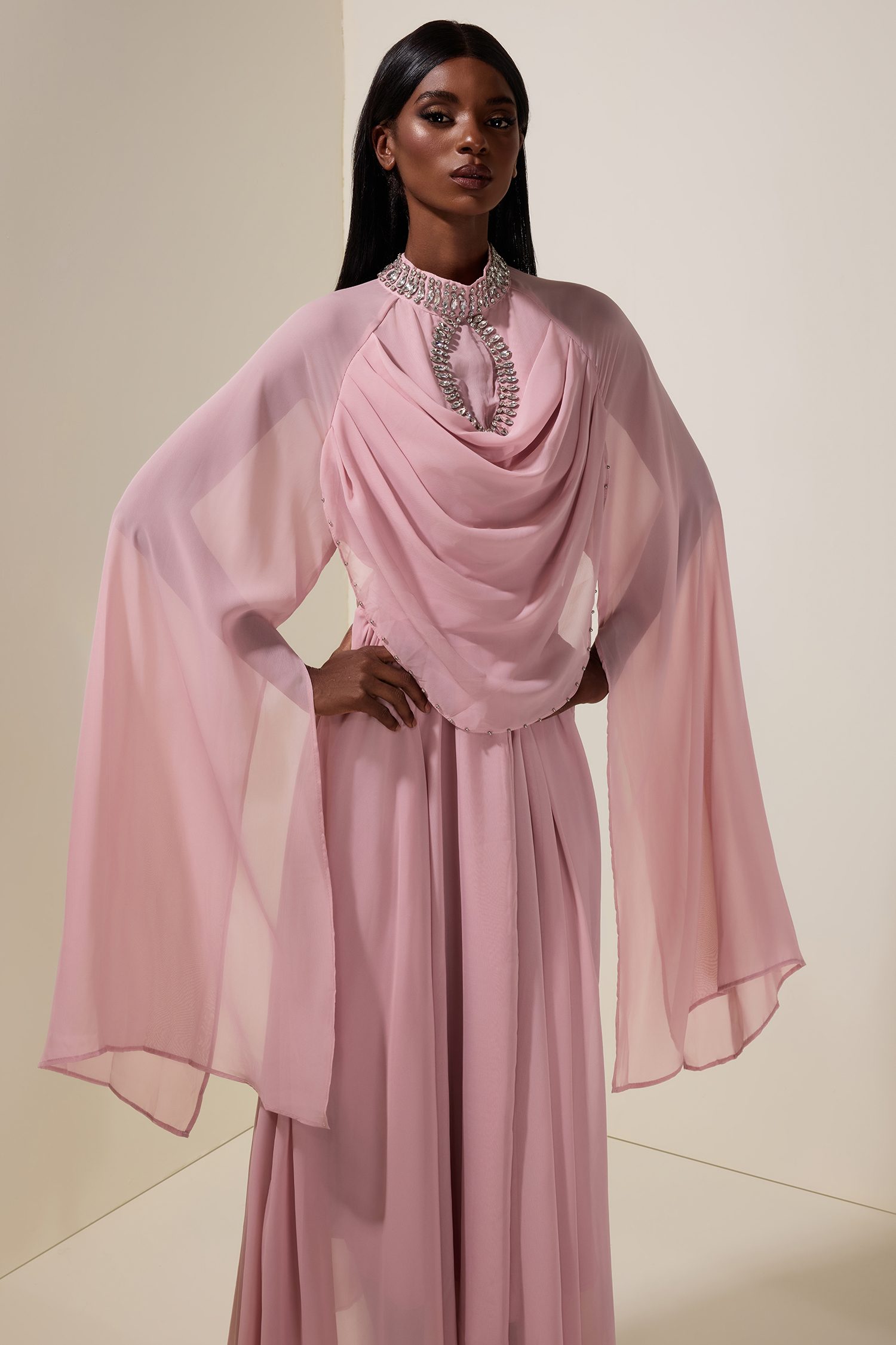 Chiffon Rhinestone Cape Sleeve Maxi Dress With Belt