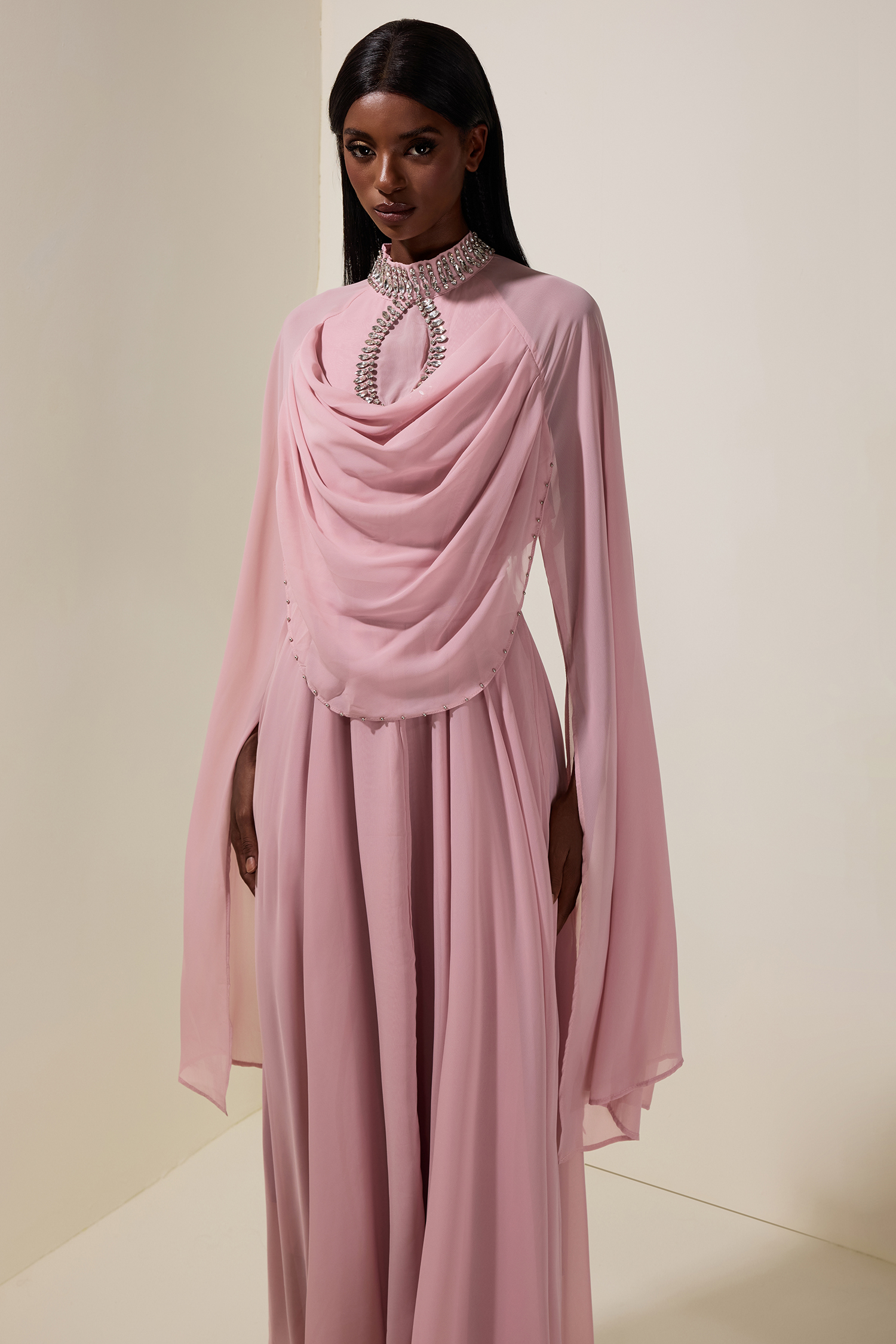 Chiffon Rhinestone Cape Sleeve Maxi Dress With Belt