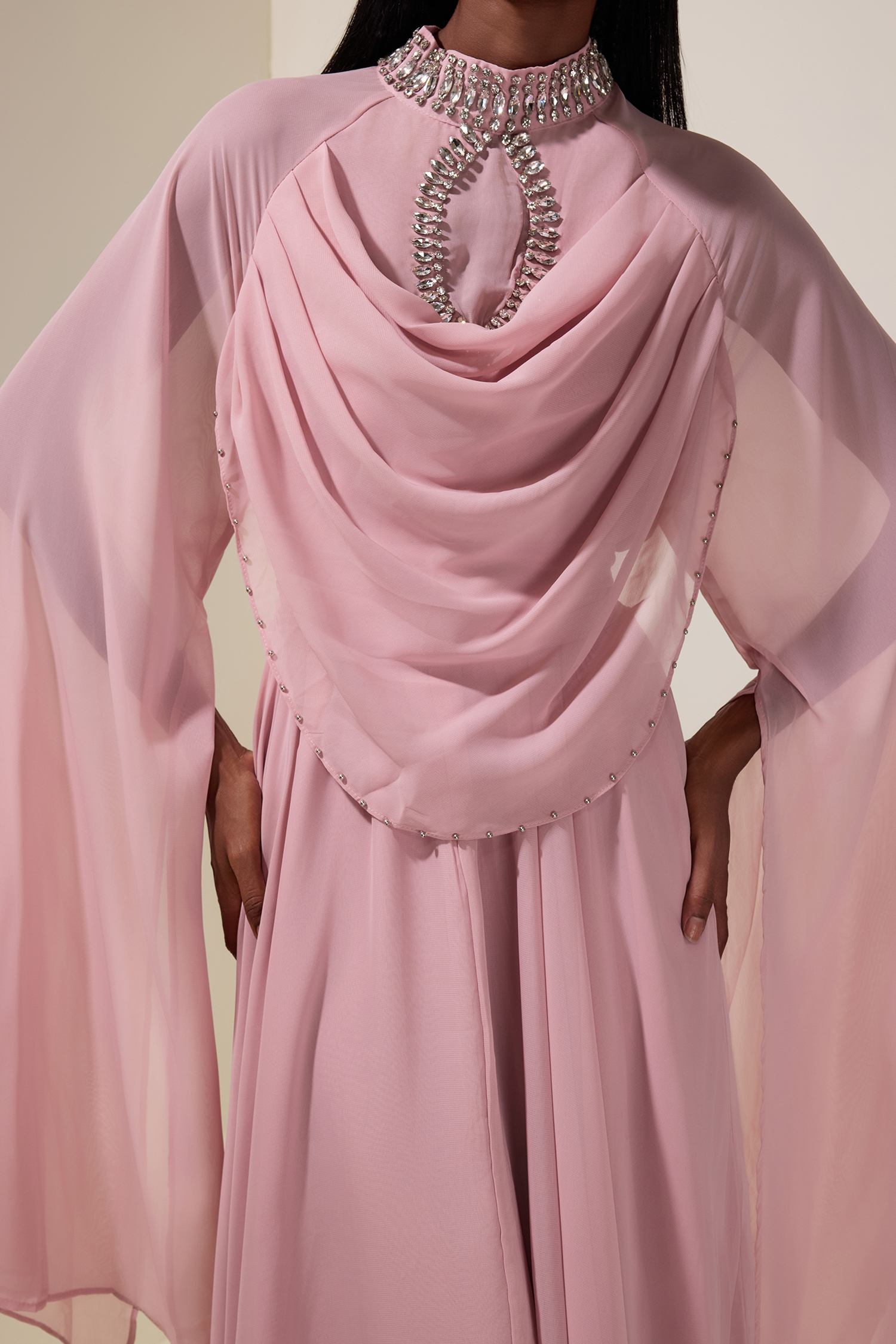 Chiffon Rhinestone Cape Sleeve Maxi Dress With Belt