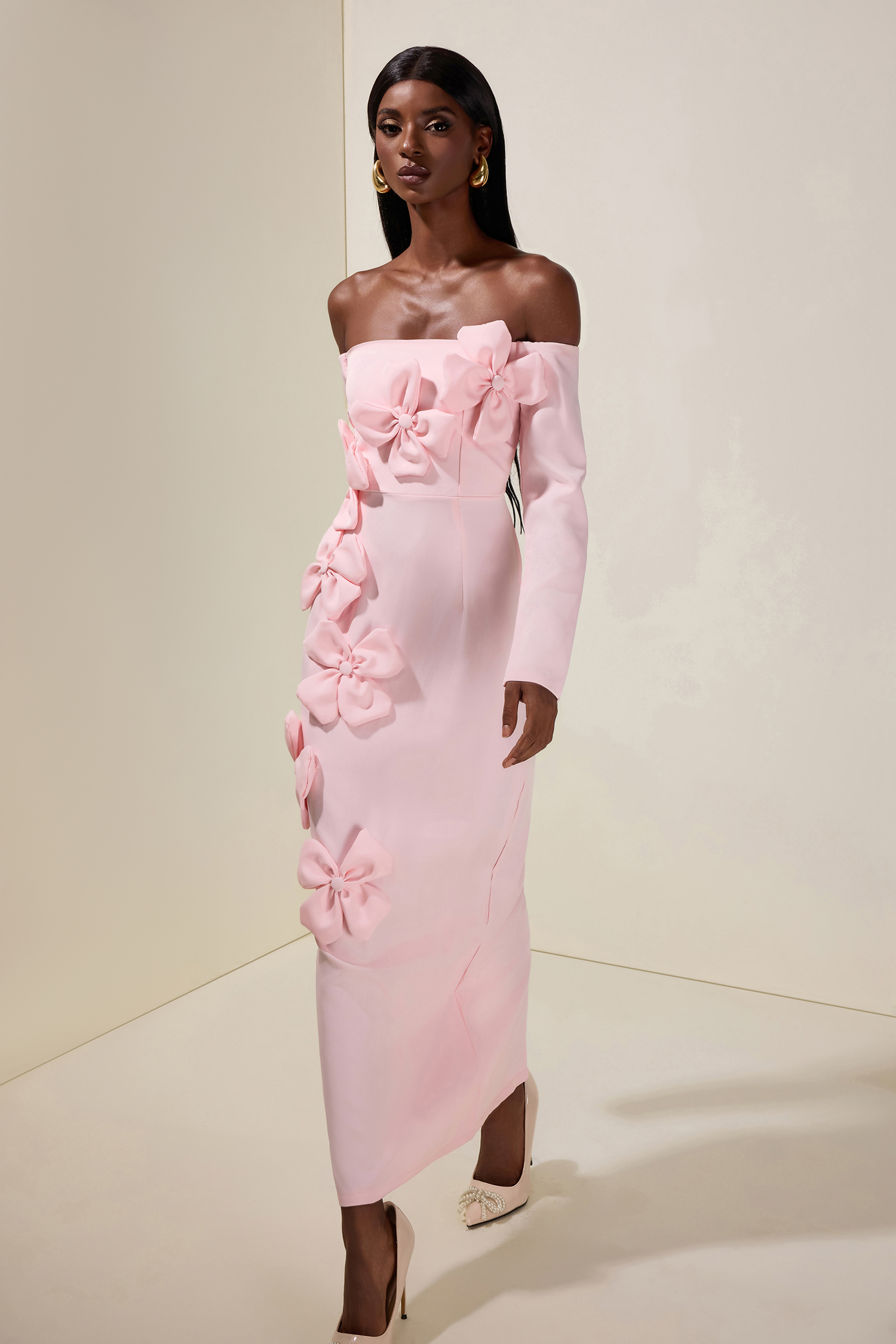 Solid 3D Flower Off-Shoulder Midi Dress