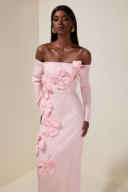 Solid 3D Flower Off-Shoulder Midi Dress