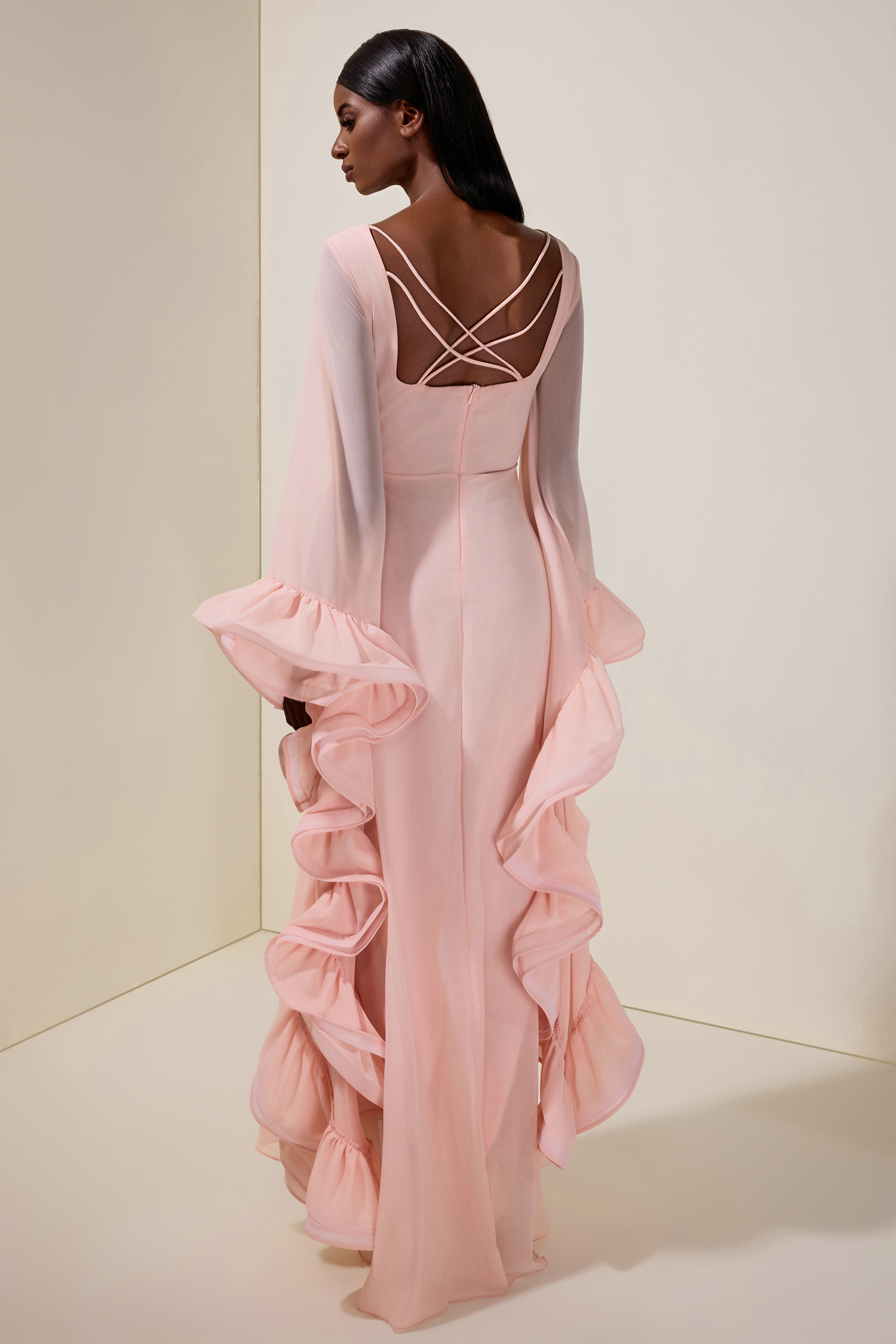 Chiffon Ruffle Bell Sleeve Maxi Dress