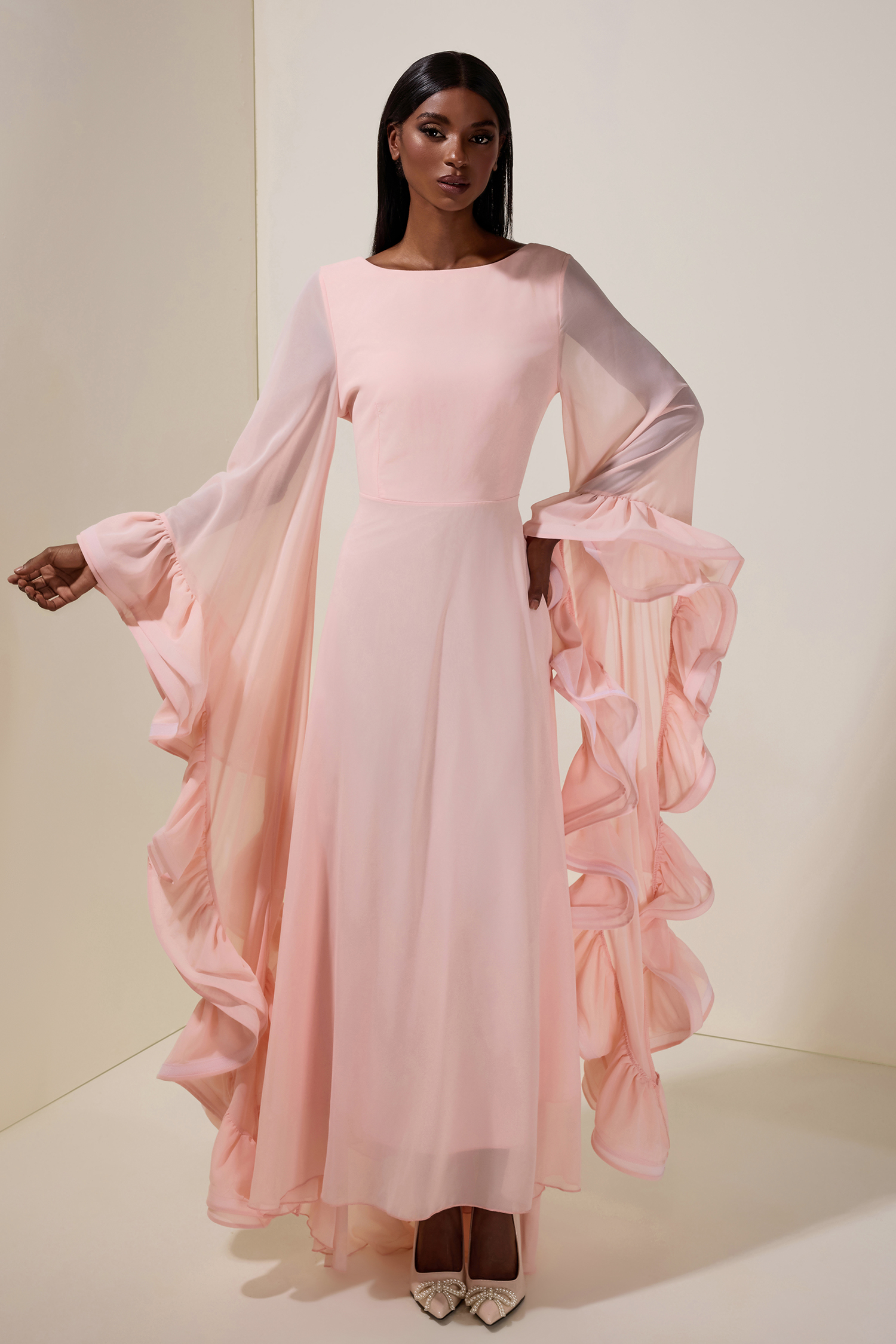 Chiffon Ruffle Bell Sleeve Maxi Dress