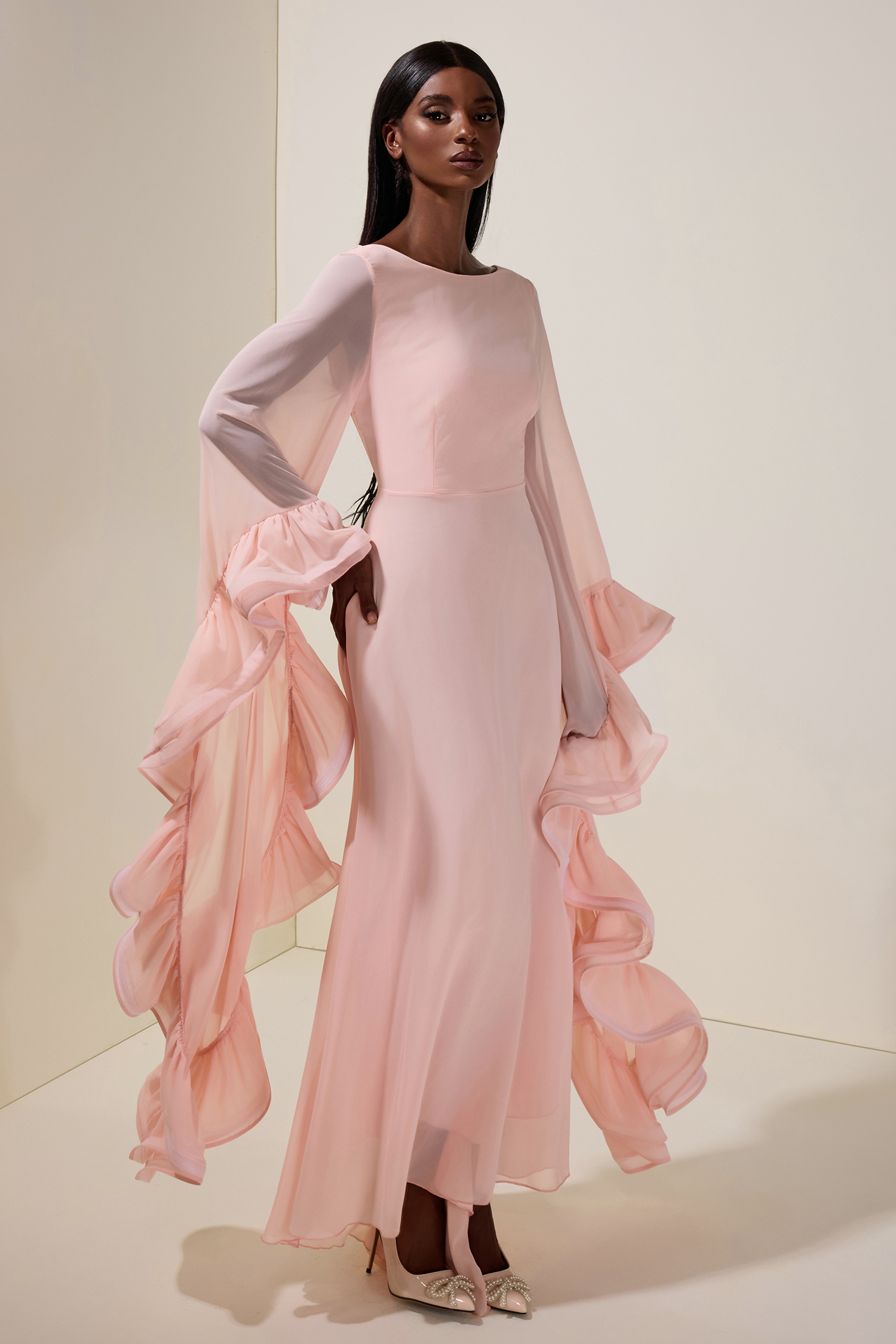 Chiffon Ruffle Bell Sleeve Maxi Dress