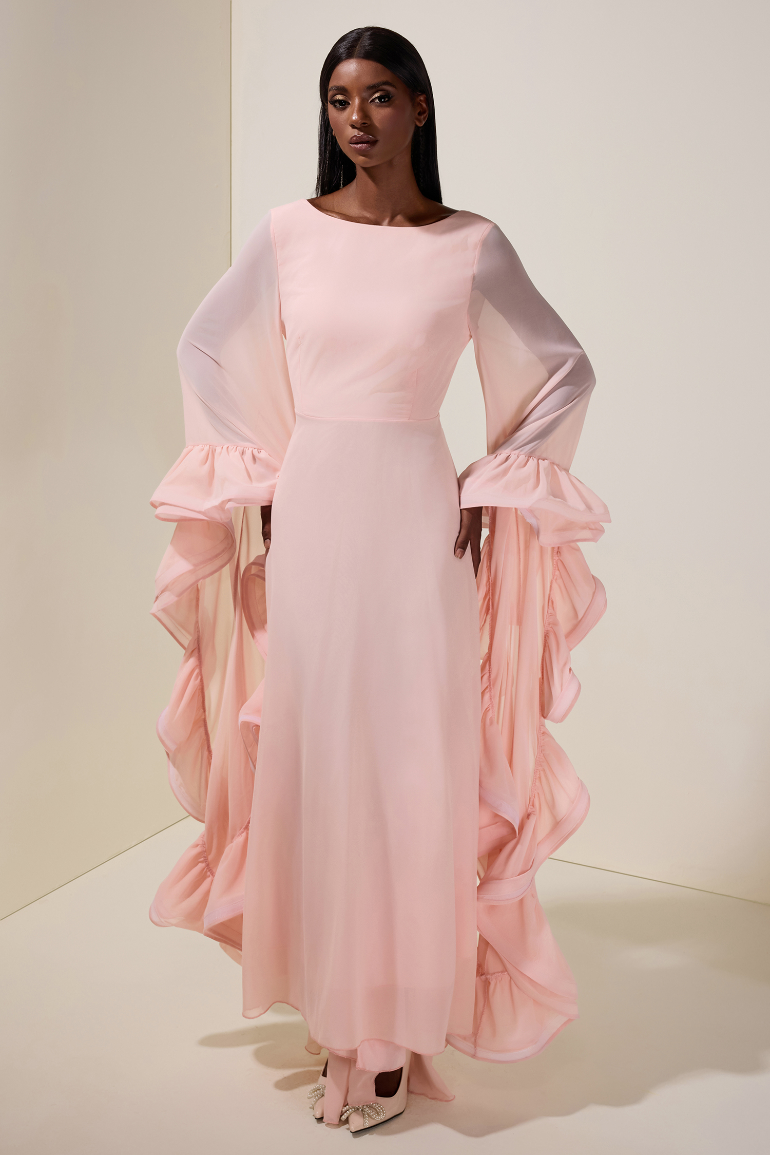 Chiffon Ruffle Bell Sleeve Maxi Dress