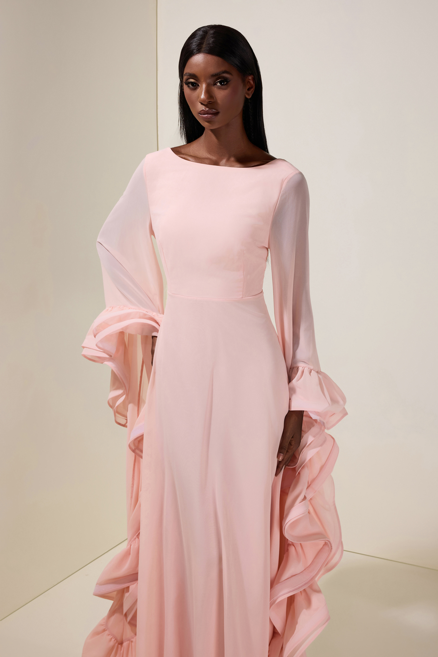 Chiffon Ruffle Bell Sleeve Maxi Dress