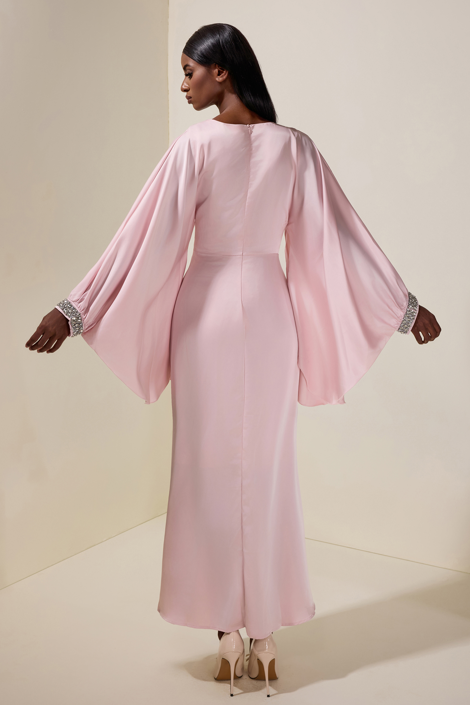 Satin Rhinestone Batwing Sleeve Maxi Dress