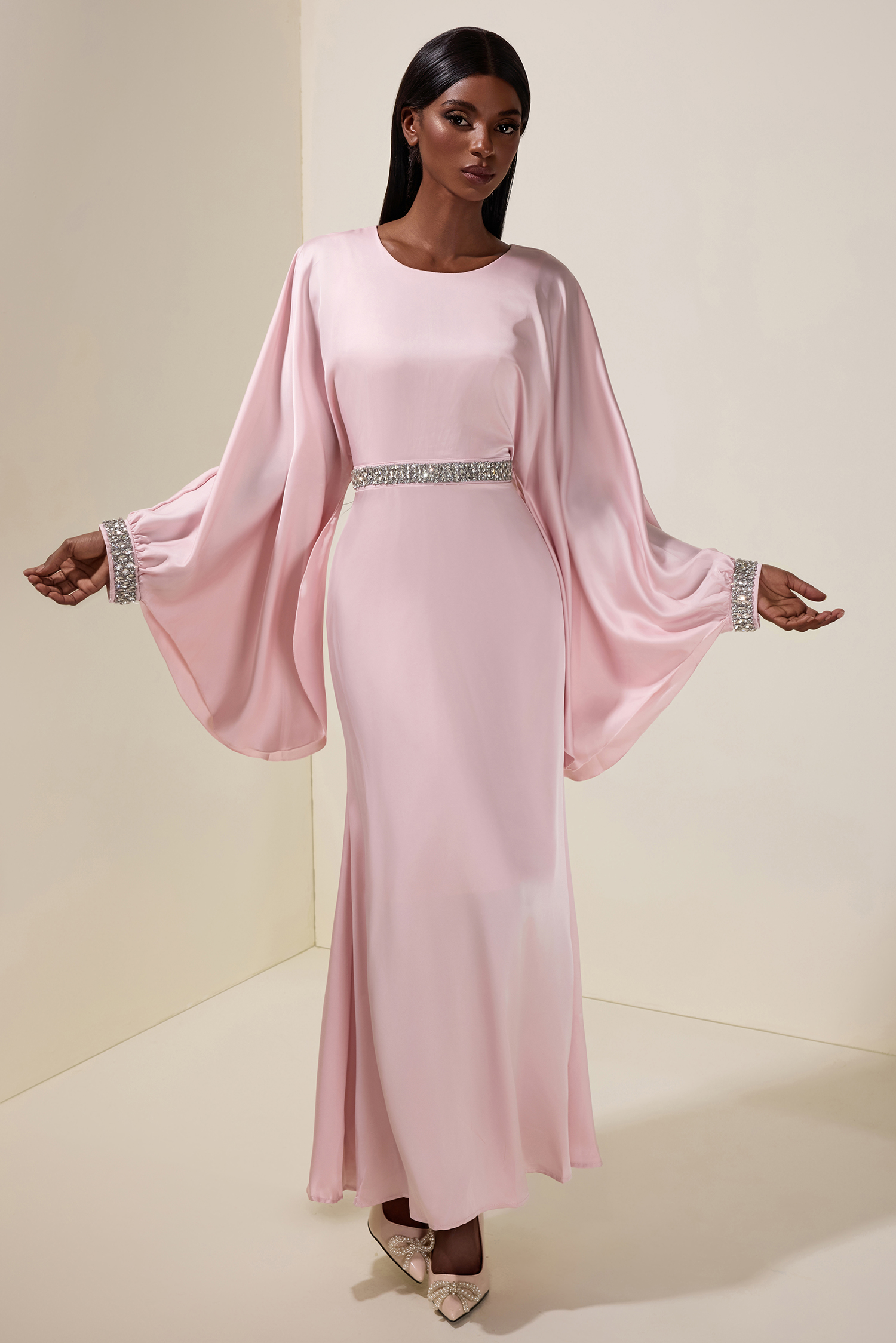 Satin Rhinestone Batwing Sleeve Maxi Dress