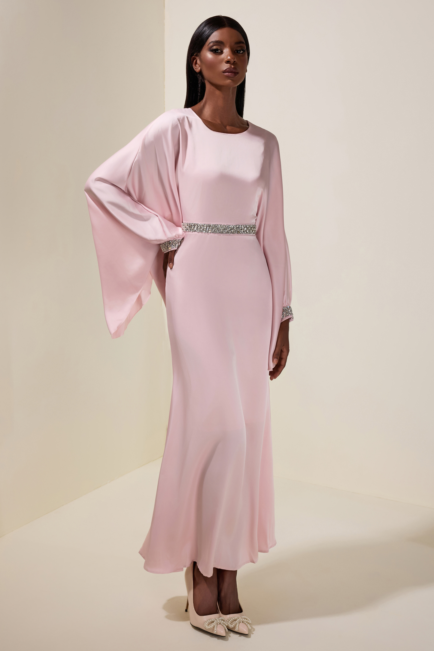 Satin Rhinestone Batwing Sleeve Maxi Dress