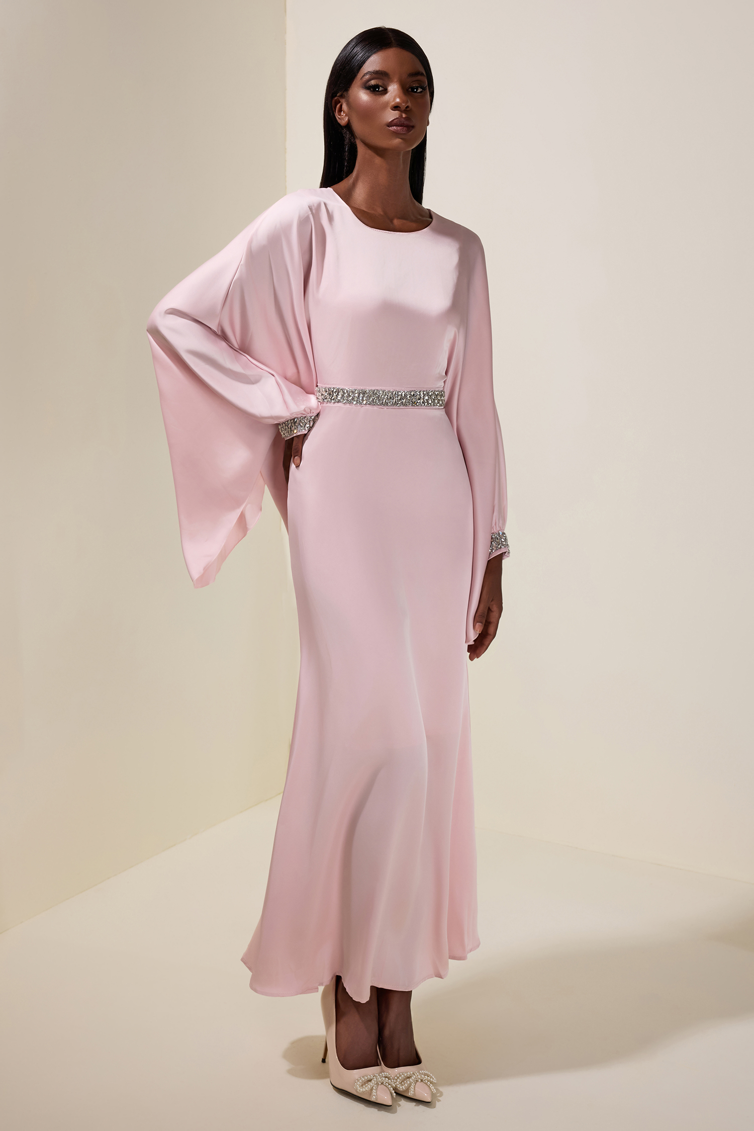 Satin Rhinestone Batwing Sleeve Maxi Dress