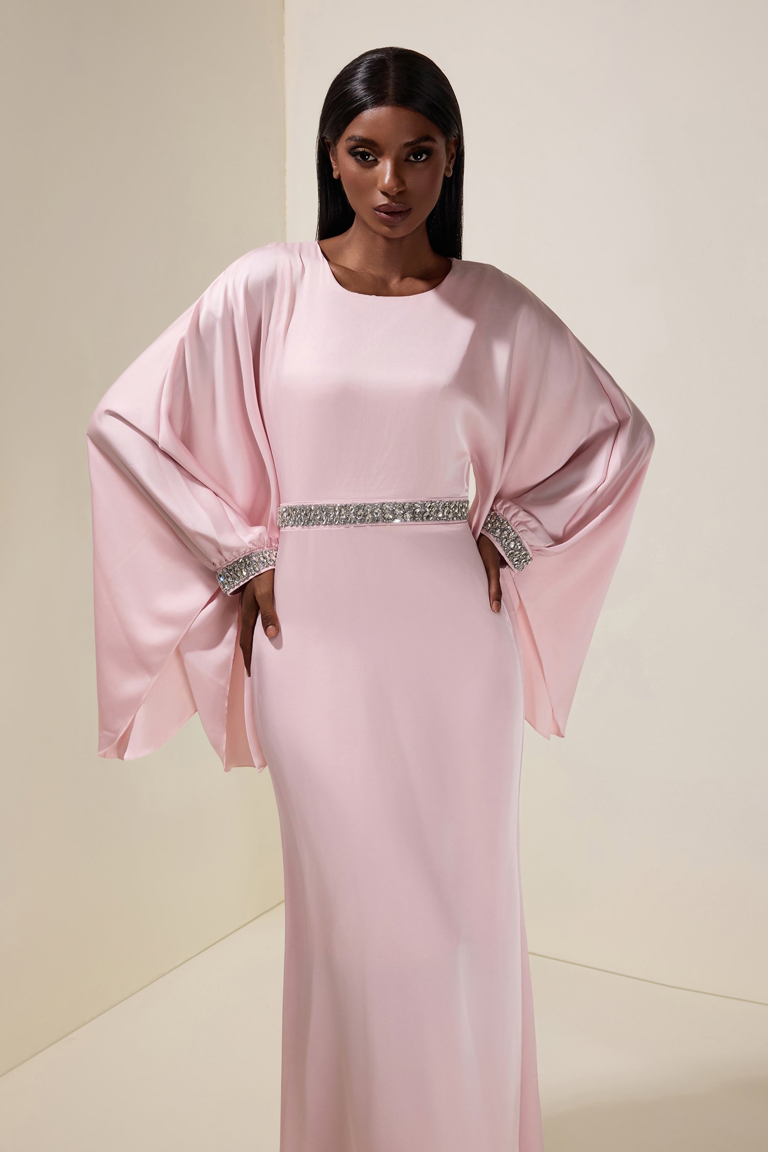 Satin Rhinestone Batwing Sleeve Maxi Dress