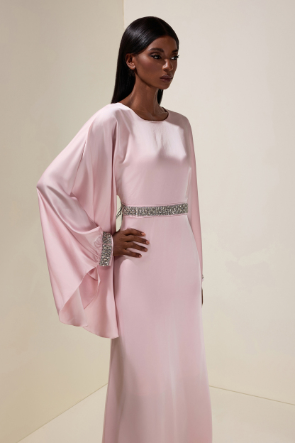 Satin Rhinestone Batwing Sleeve Maxi Dress