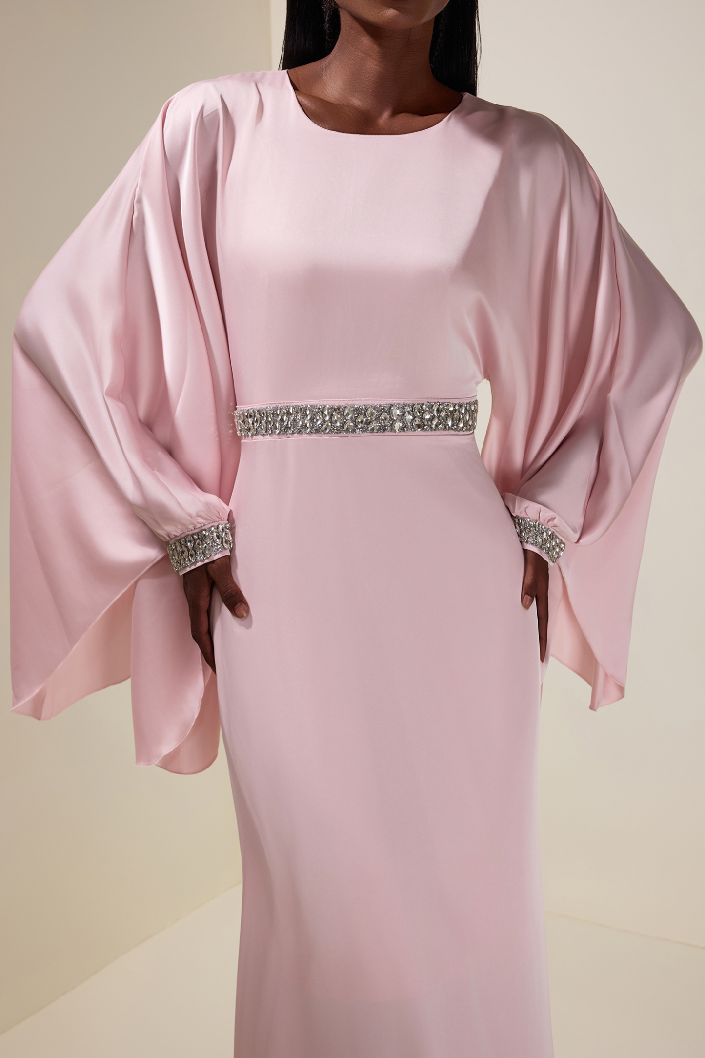 Satin Rhinestone Batwing Sleeve Maxi Dress