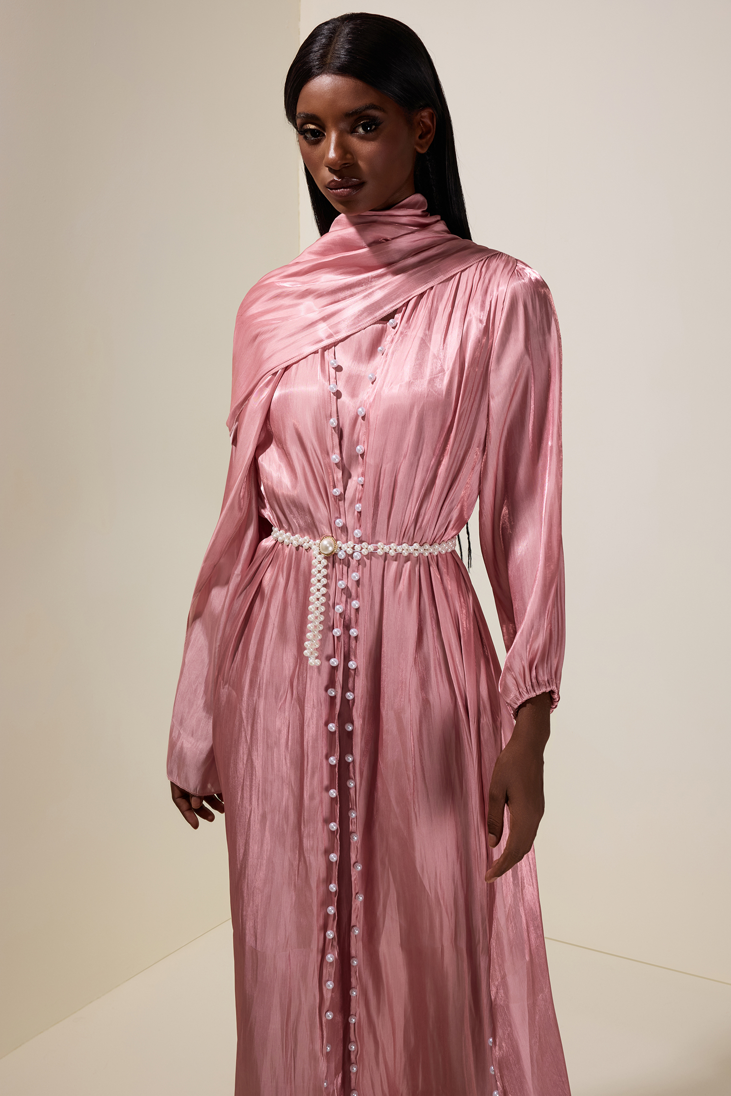 Faux Pearl Puff Sleeve Midi Dress With Cardigan