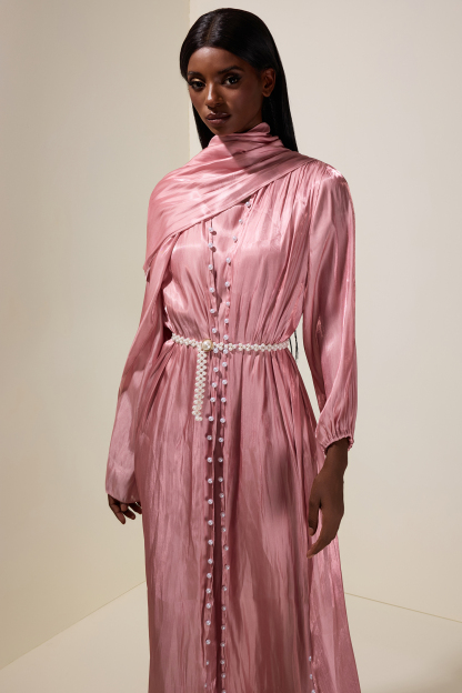 Faux Pearl Puff Sleeve Midi Dress With Cardigan