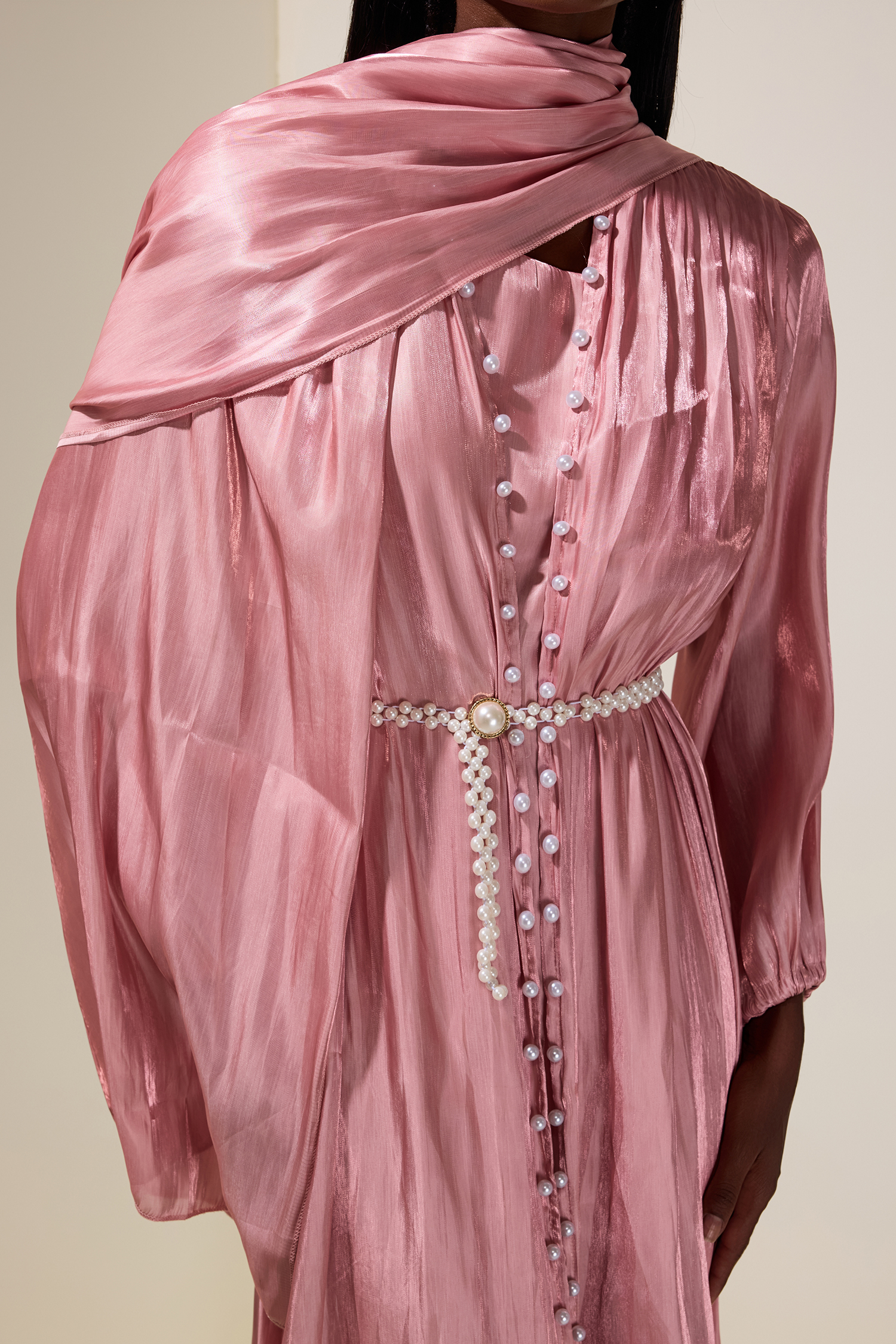 Faux Pearl Puff Sleeve Midi Dress With Cardigan