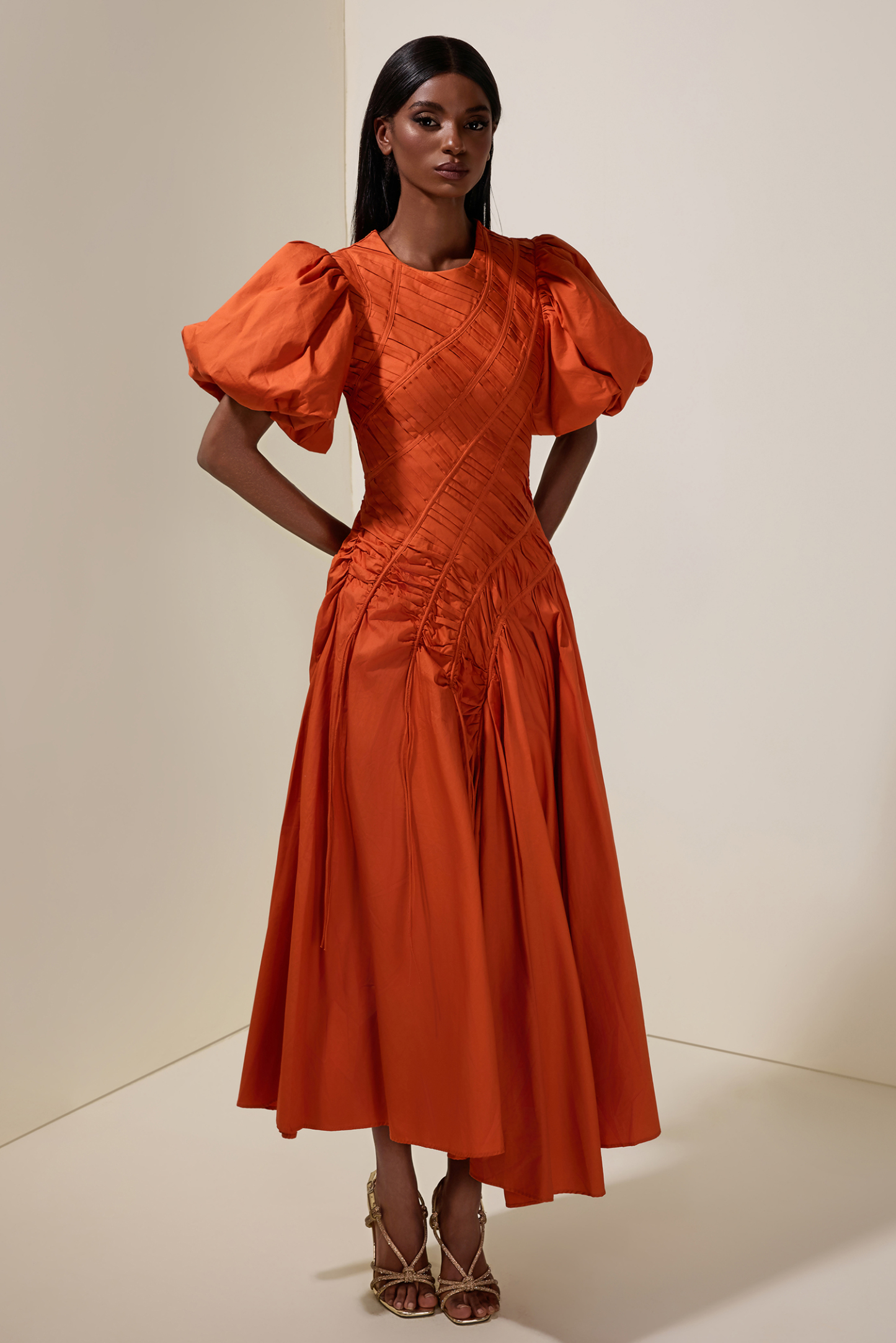 Shirring Round Neck Puff Sleeve Midi Dress