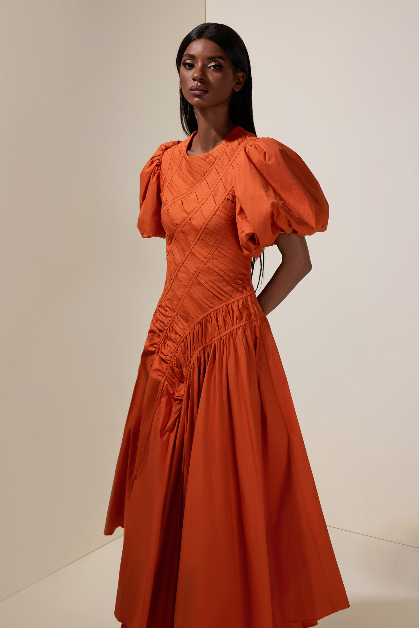 Shirring Round Neck Puff Sleeve Midi Dress