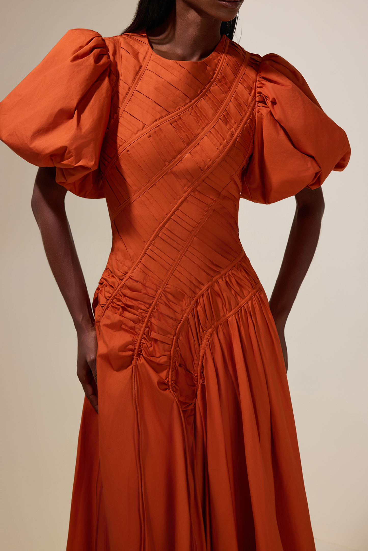 Shirring Round Neck Puff Sleeve Midi Dress