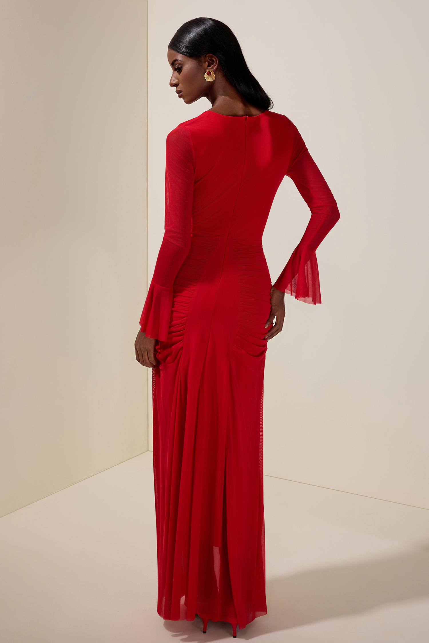 Gathering Asymmetrical Neck Long Sleeve Maxi Dress