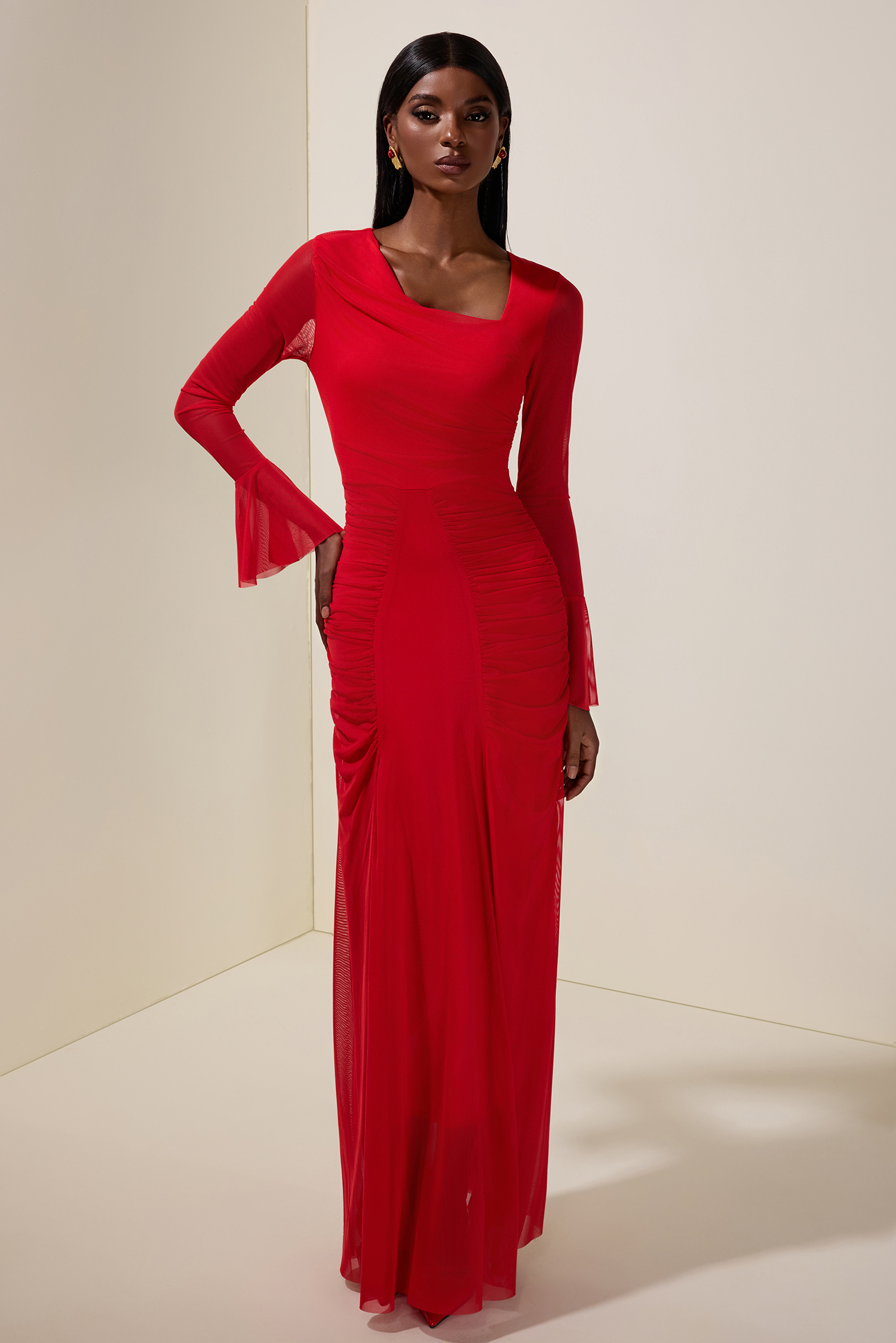 Gathering Asymmetrical Neck Long Sleeve Maxi Dress