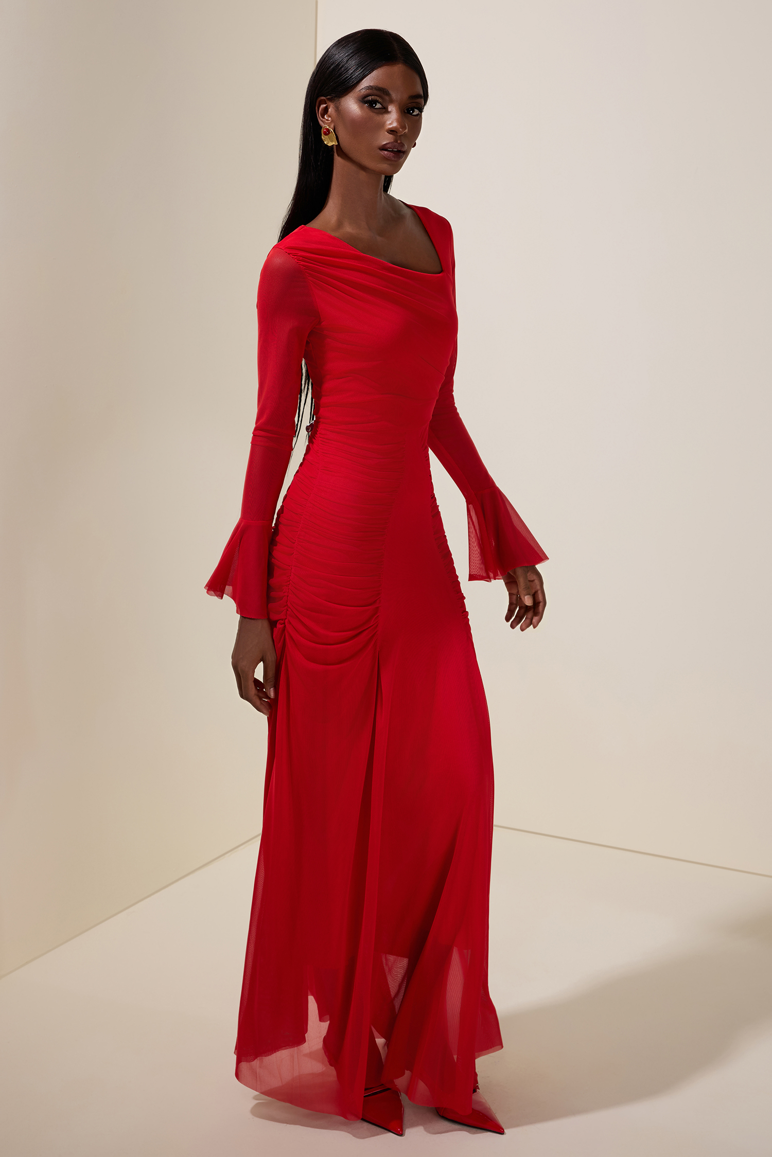 Gathering Asymmetrical Neck Long Sleeve Maxi Dress