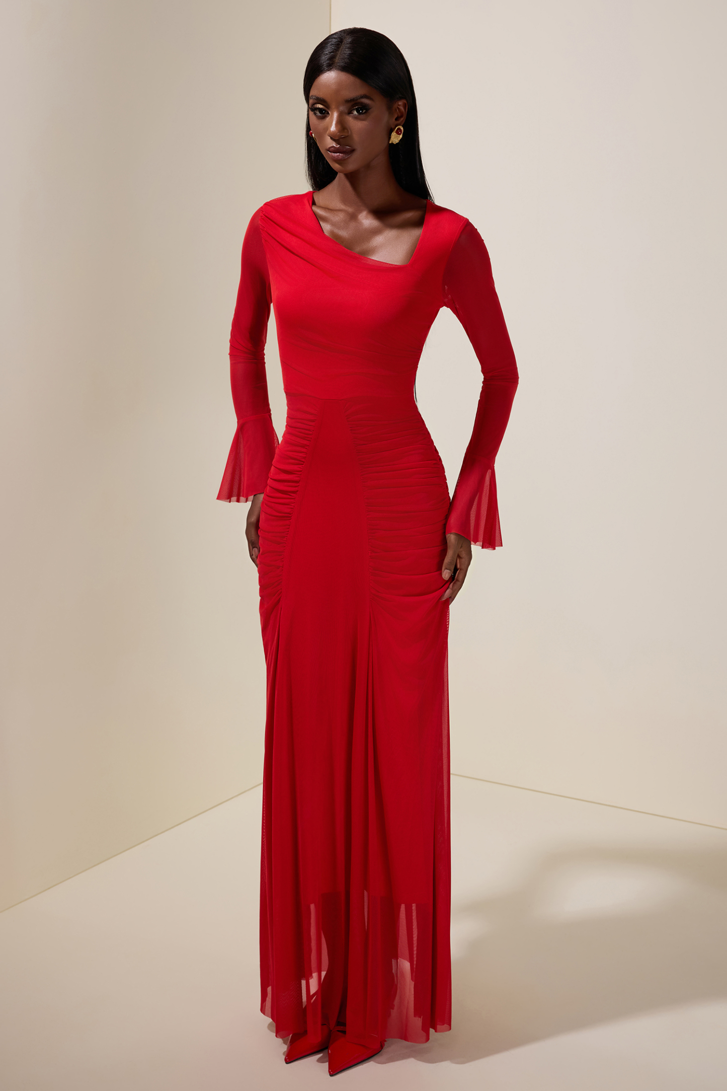 Gathering Asymmetrical Neck Long Sleeve Maxi Dress