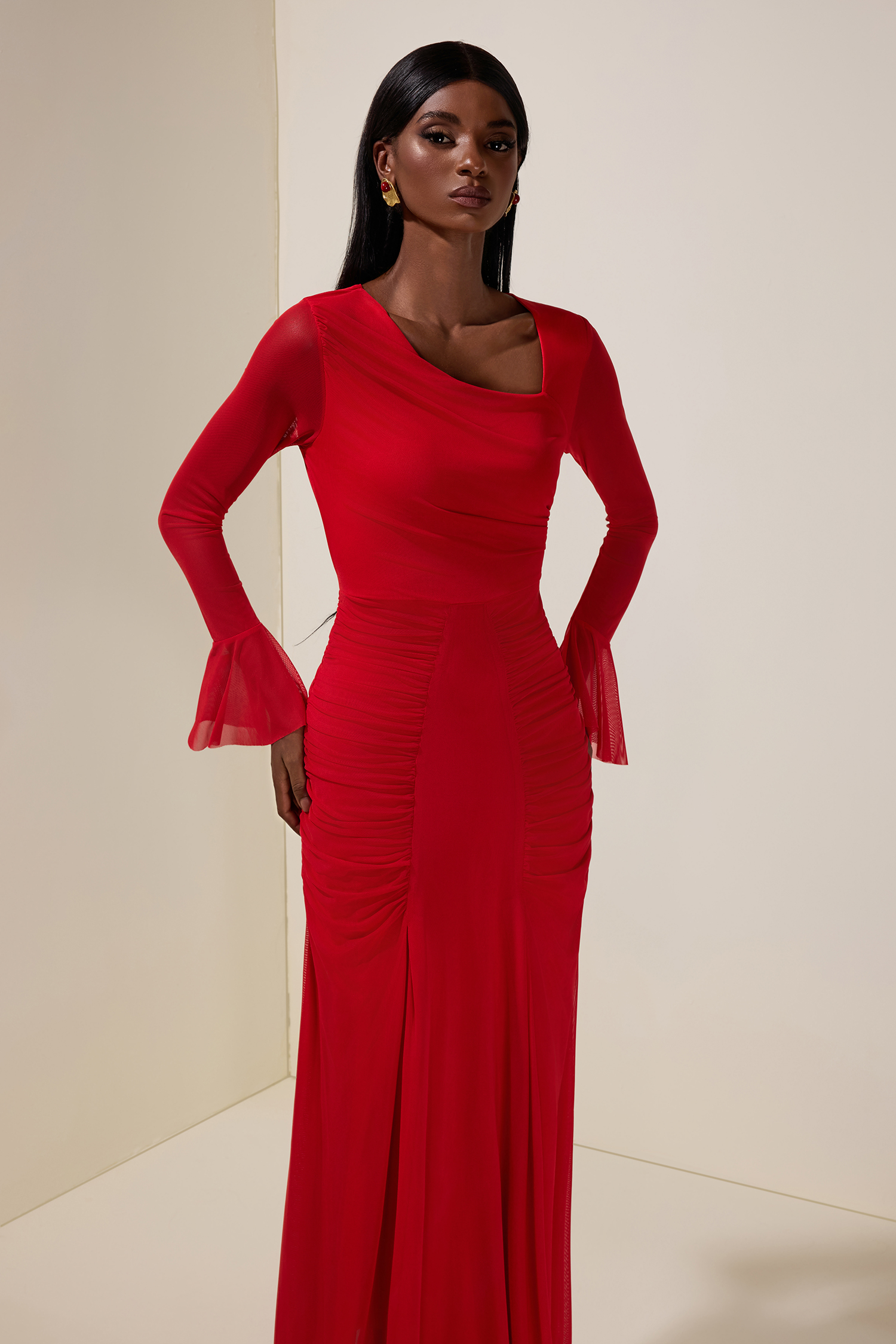 Gathering Asymmetrical Neck Long Sleeve Maxi Dress