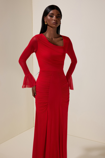 Gathering Asymmetrical Neck Long Sleeve Maxi Dress