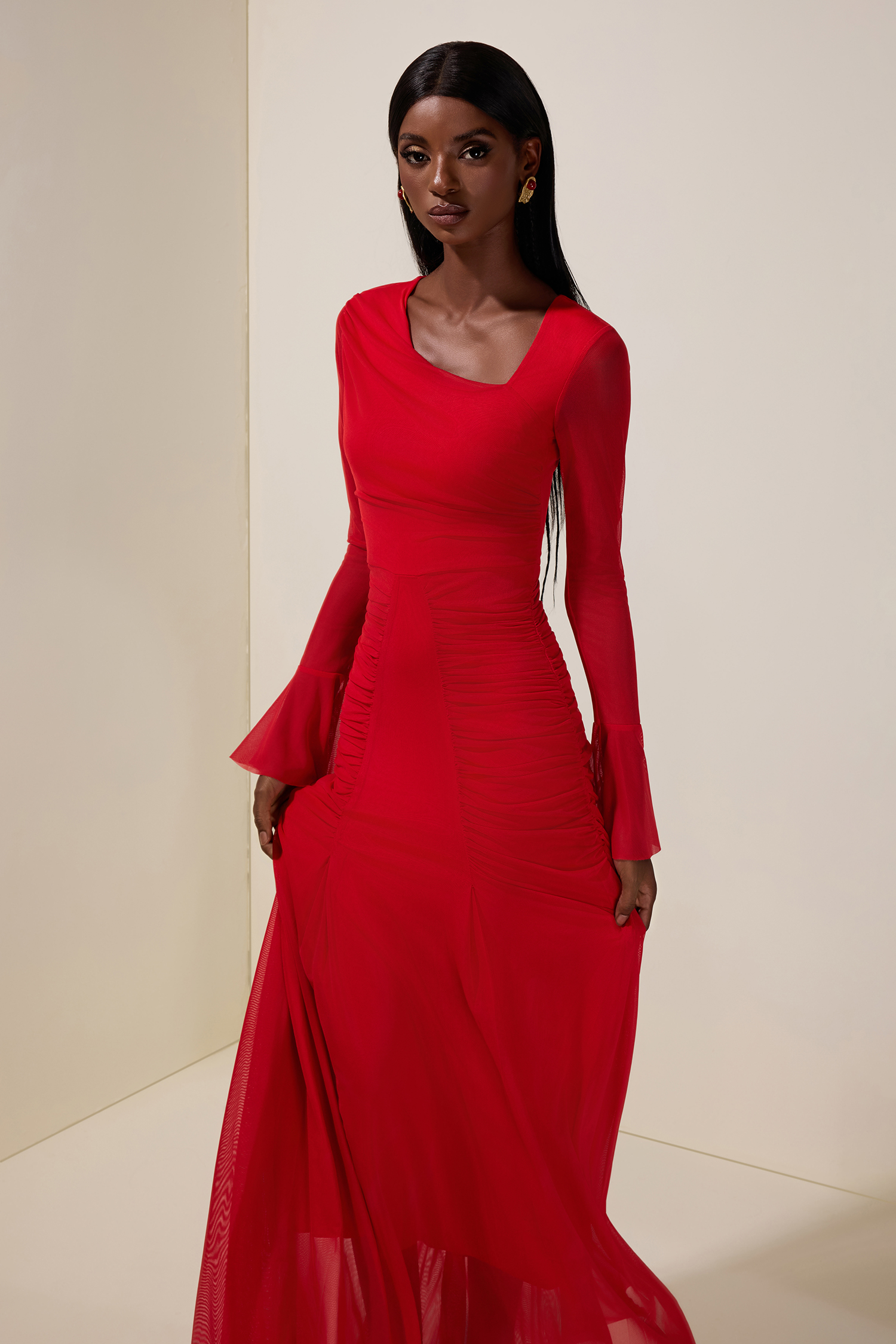 Gathering Asymmetrical Neck Long Sleeve Maxi Dress