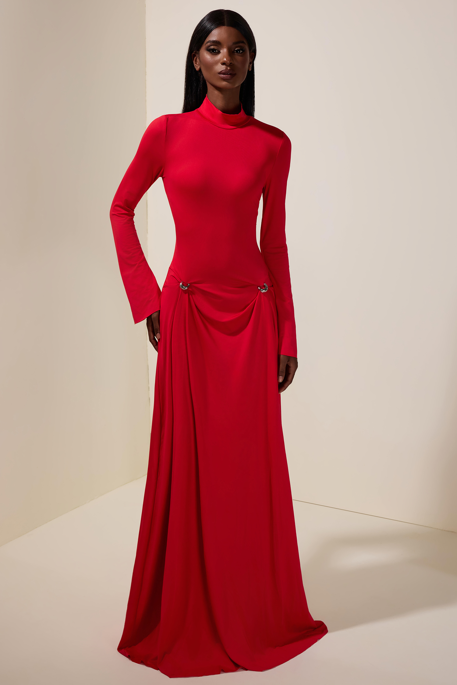 Solid Metal Button Long Sleeve Maxi Dress