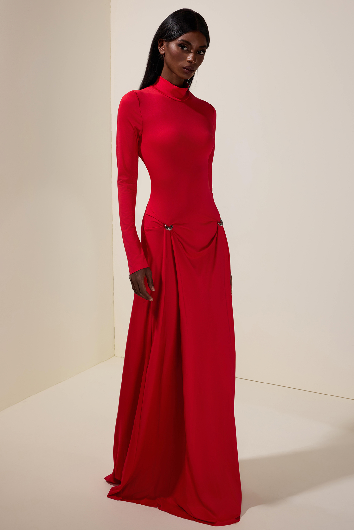 Solid Metal Button Long Sleeve Maxi Dress