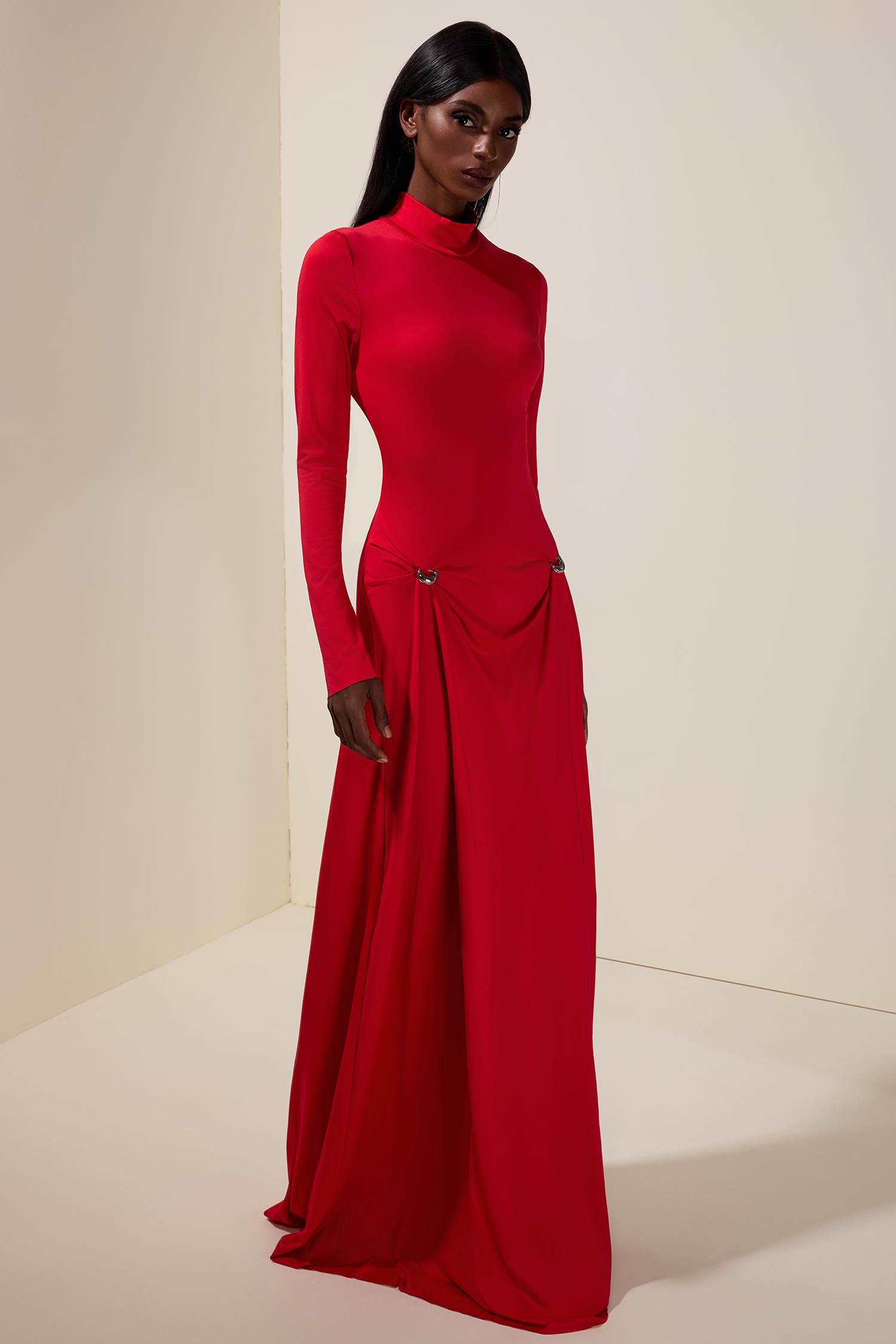 Solid Metal Button Long Sleeve Maxi Dress