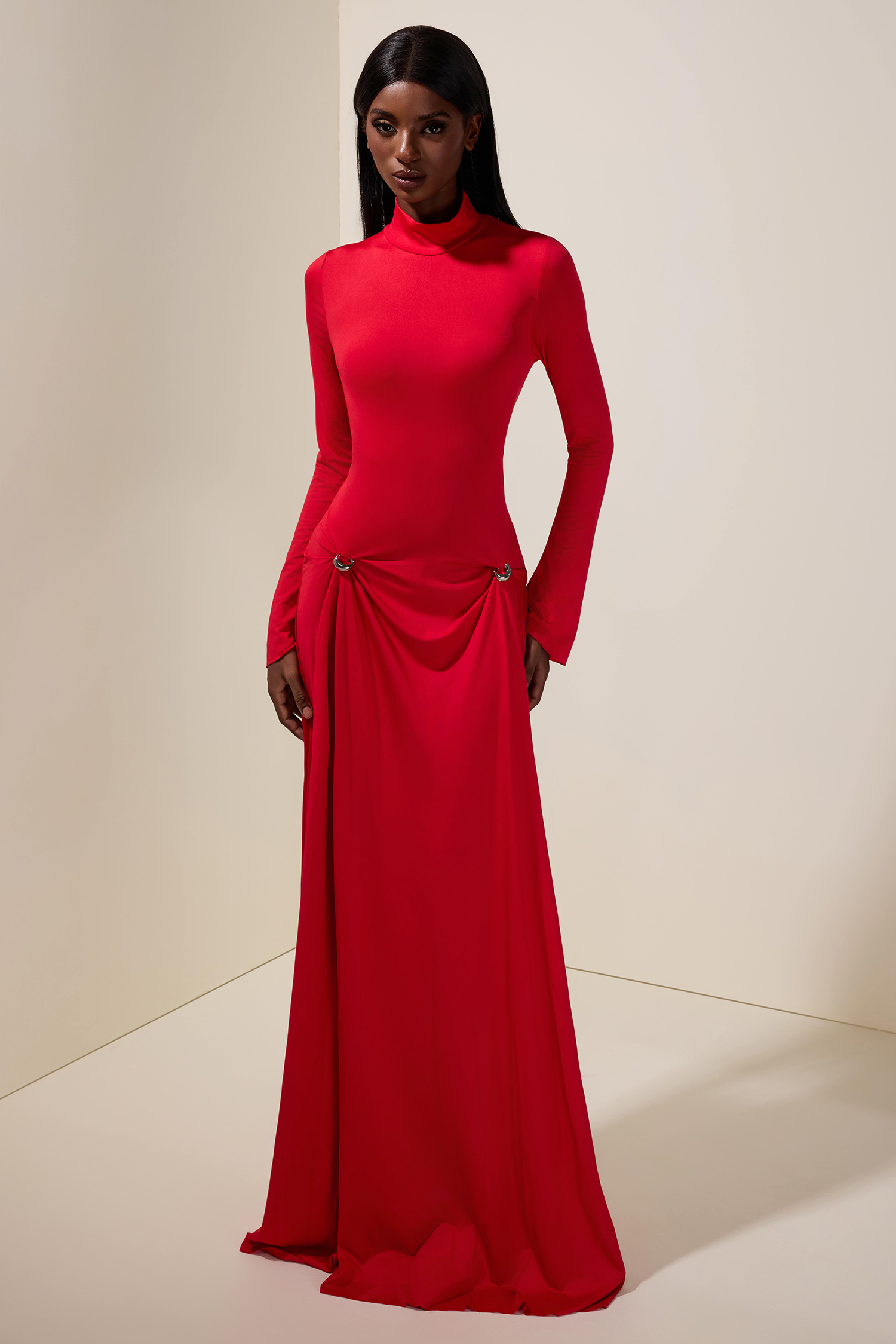 Solid Metal Button Long Sleeve Maxi Dress