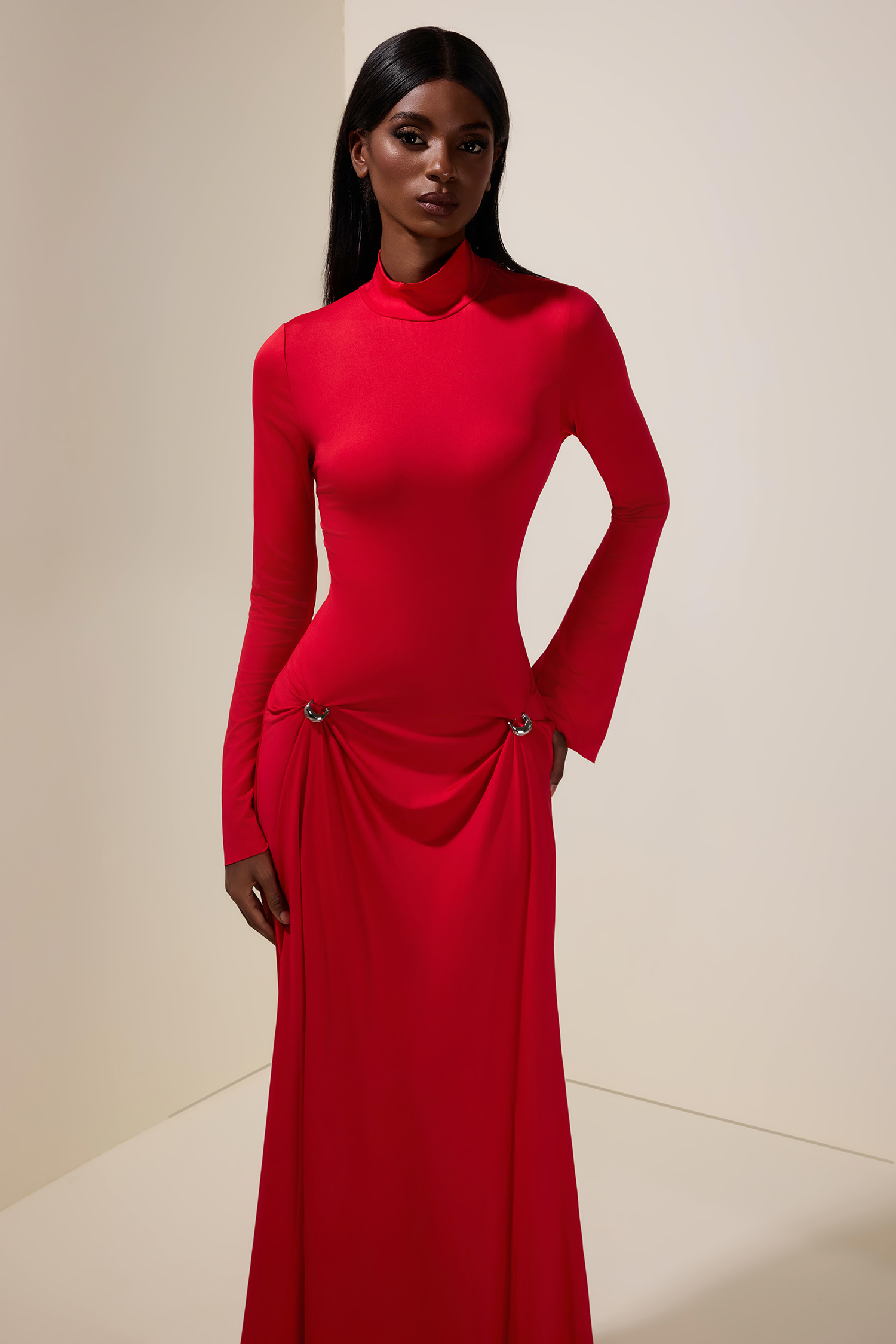 Solid Metal Button Long Sleeve Maxi Dress