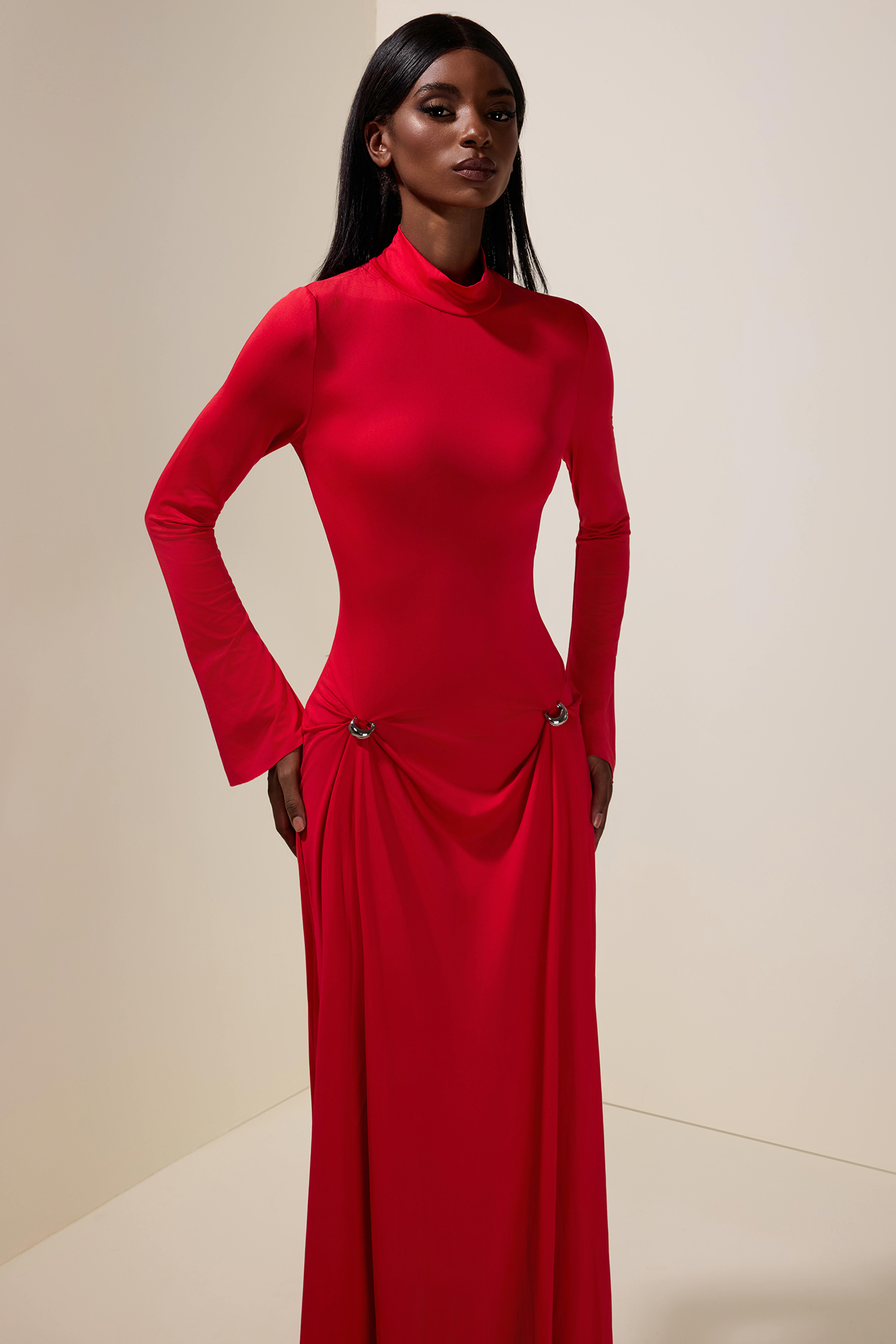 Solid Metal Button Long Sleeve Maxi Dress