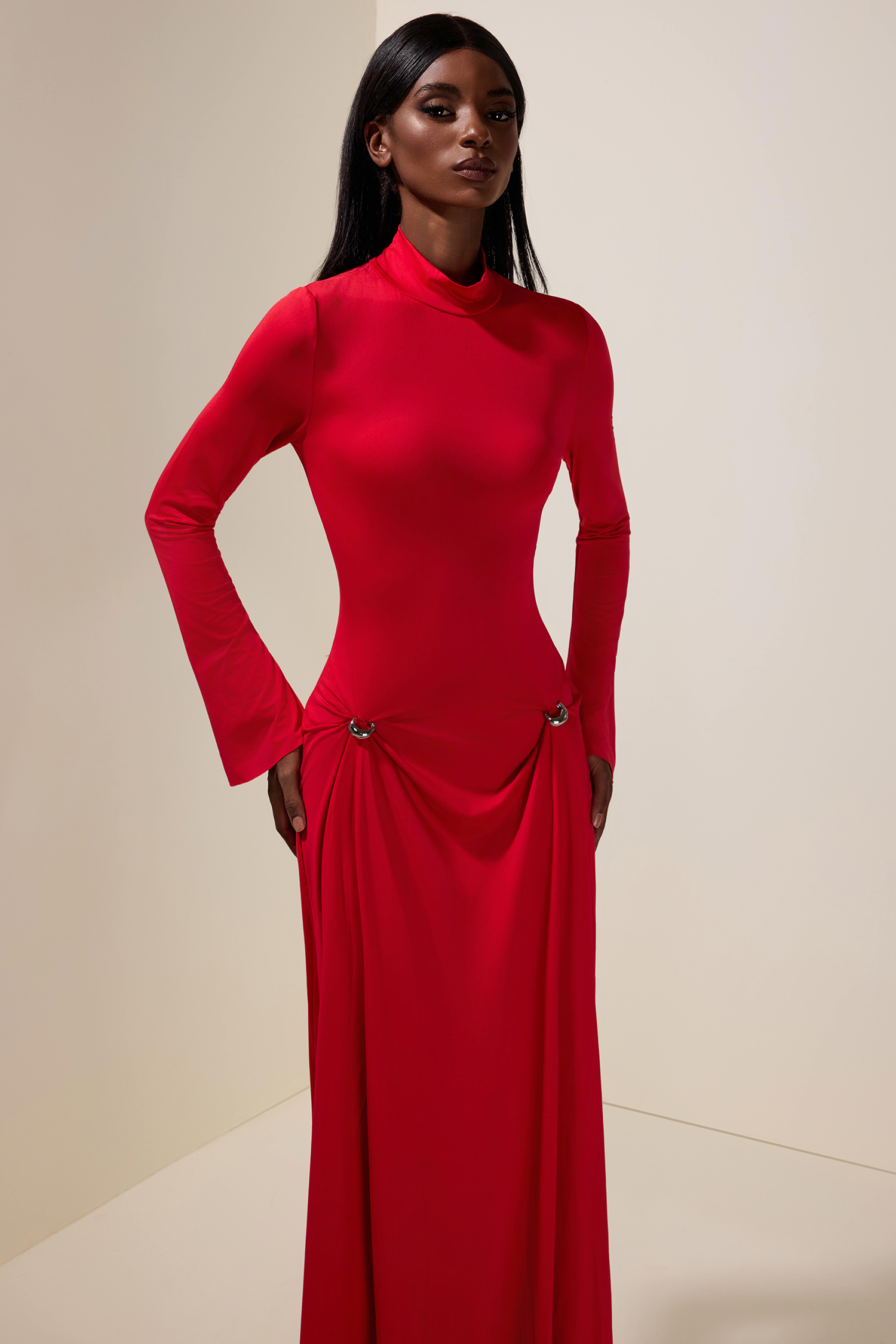 Solid Metal Button Long Sleeve Maxi Dress