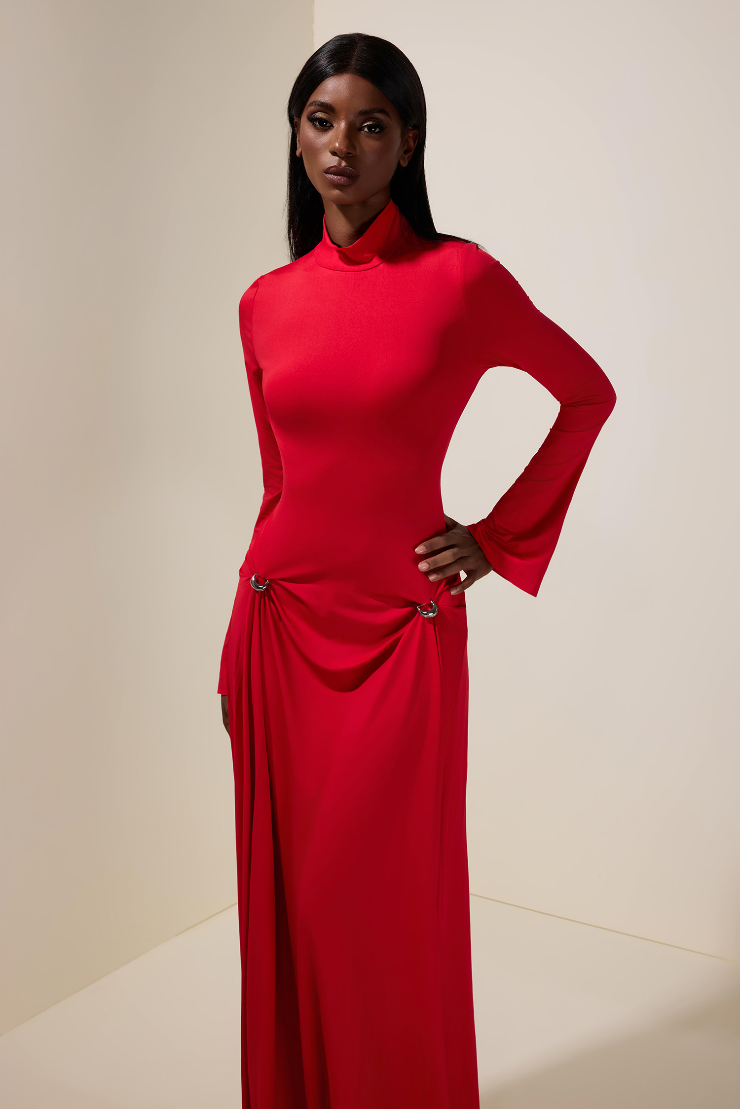 Solid Metal Button Long Sleeve Maxi Dress