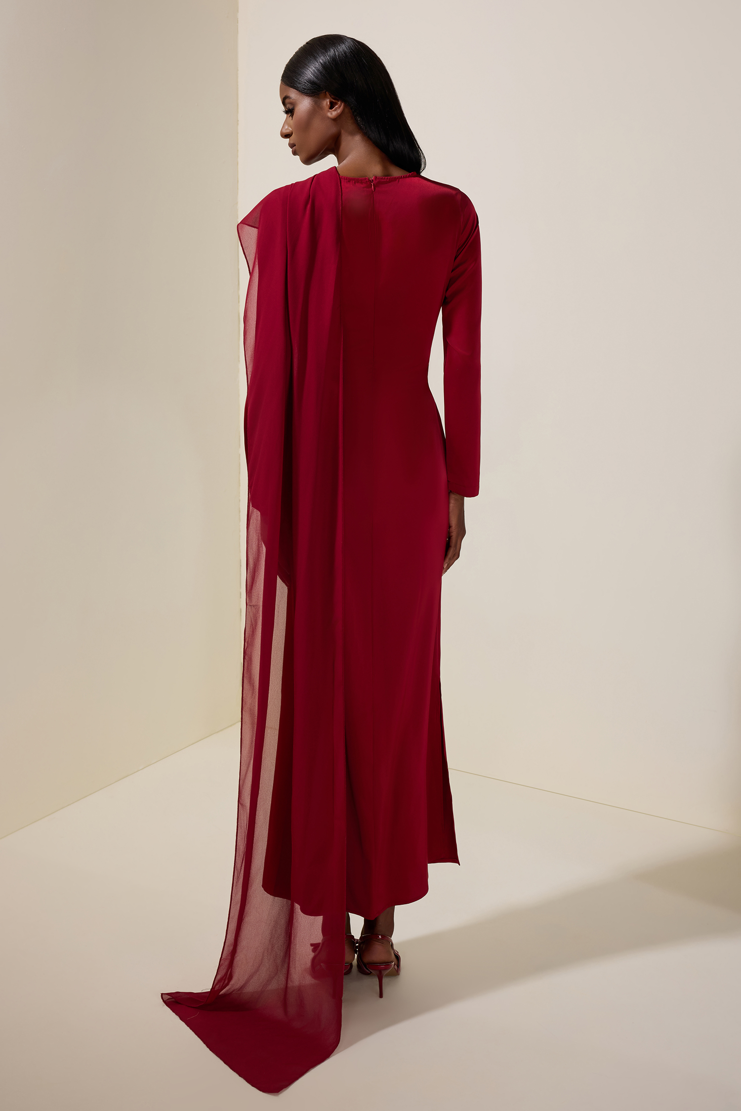 Satin Splicing Chiffon Long Sleeve Maxi Dress