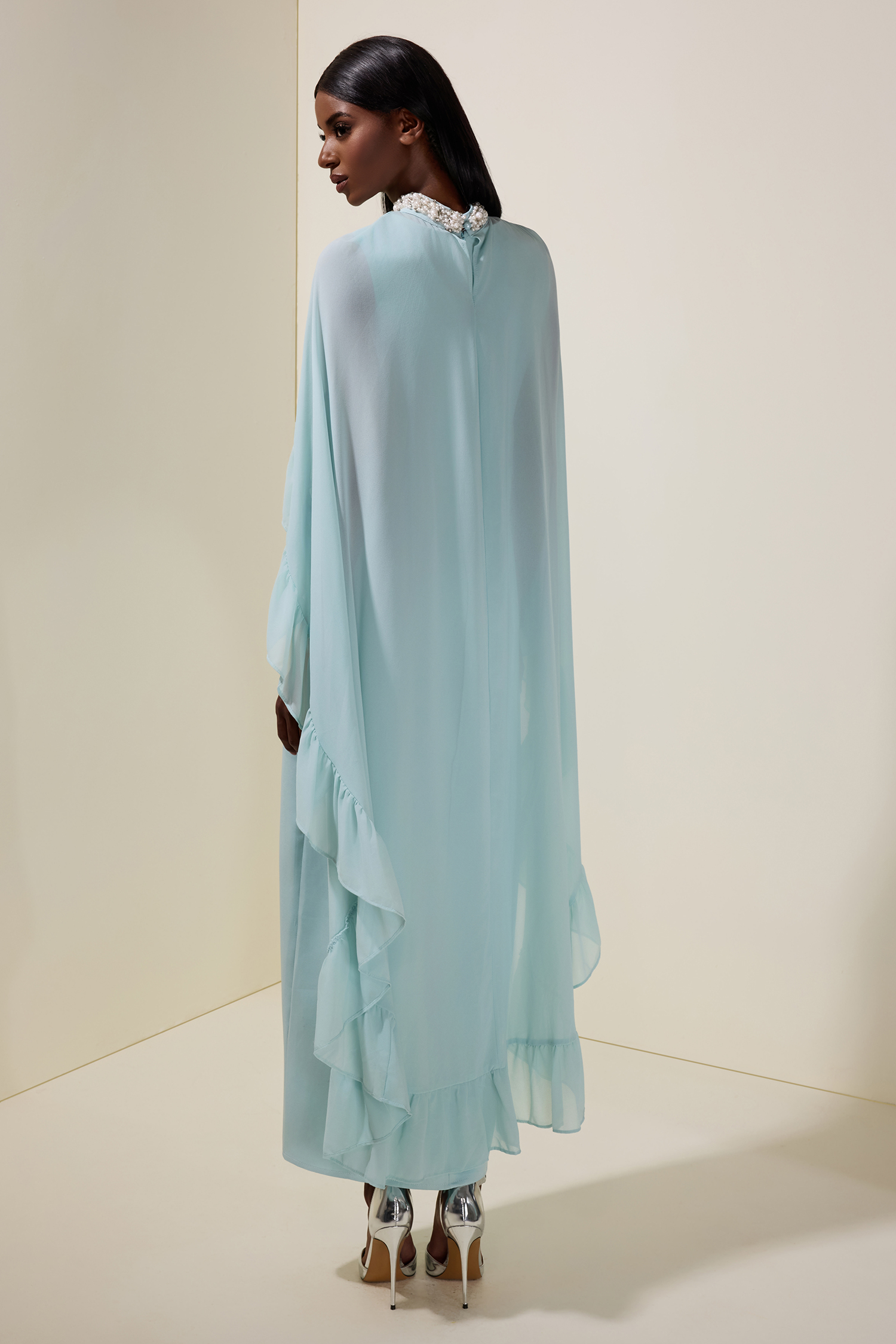 Sleeveless Midi Dress With Rhinestone Ruffle Cape