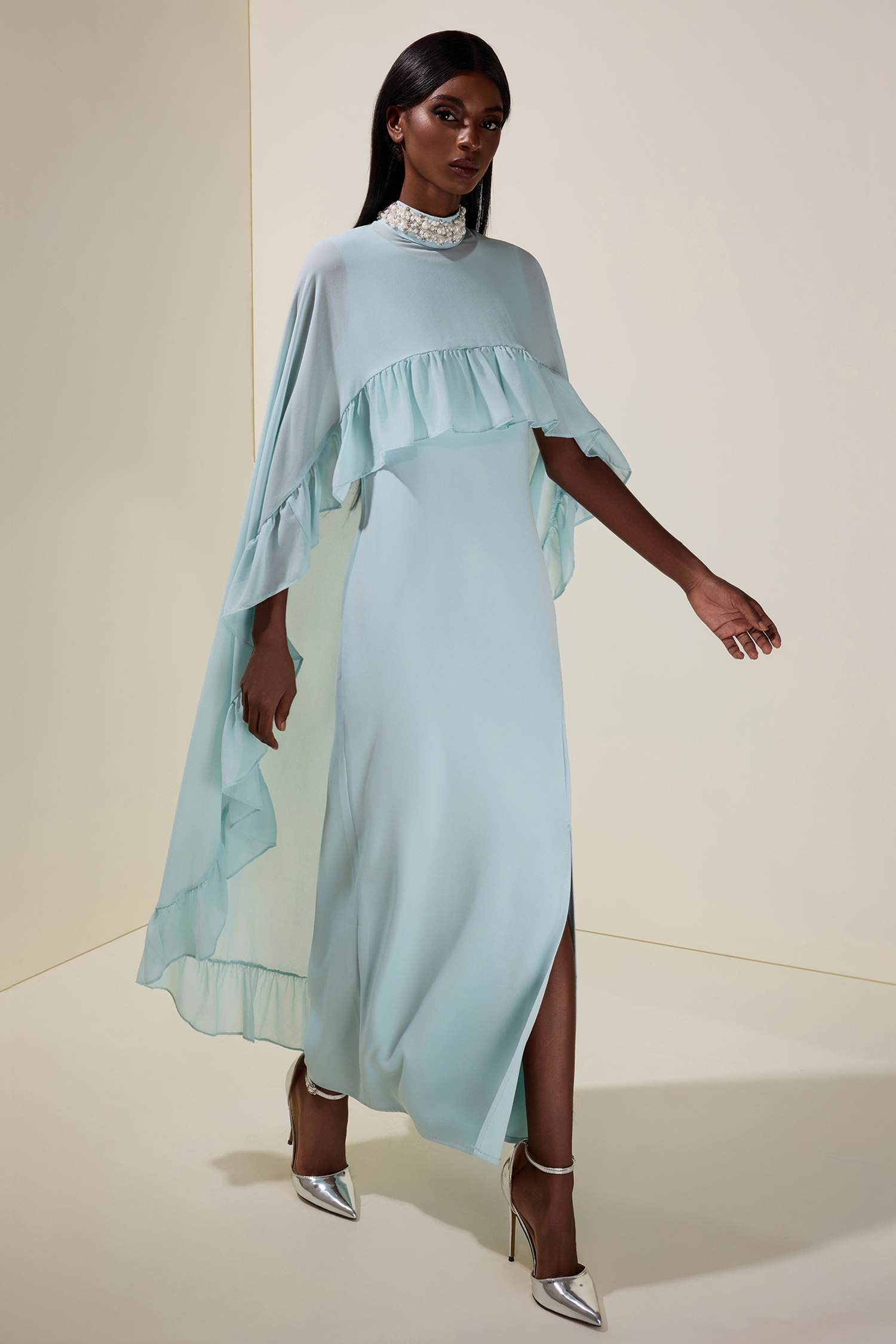 Sleeveless Midi Dress With Rhinestone Ruffle Cape