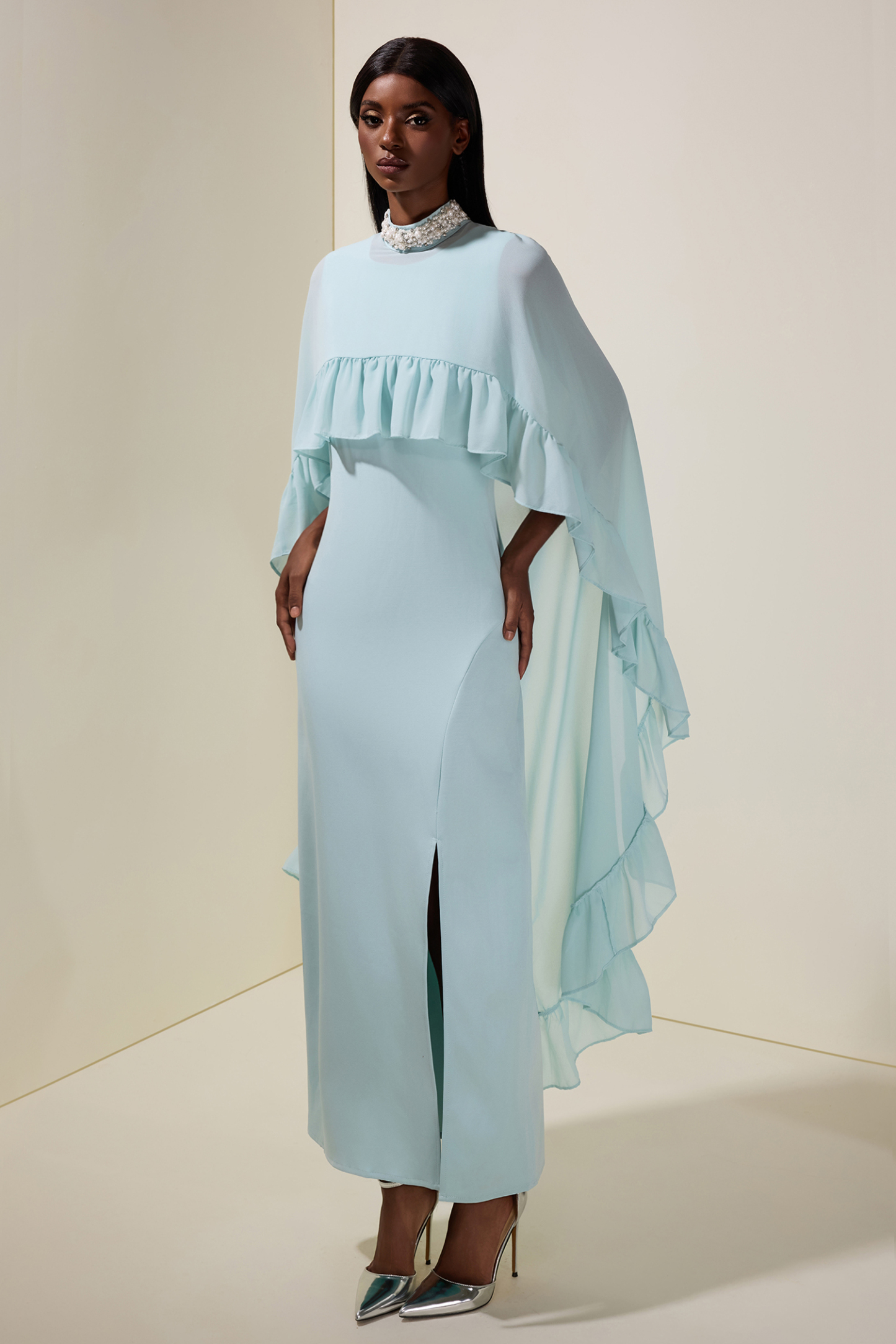 Sleeveless Midi Dress With Rhinestone Ruffle Cape