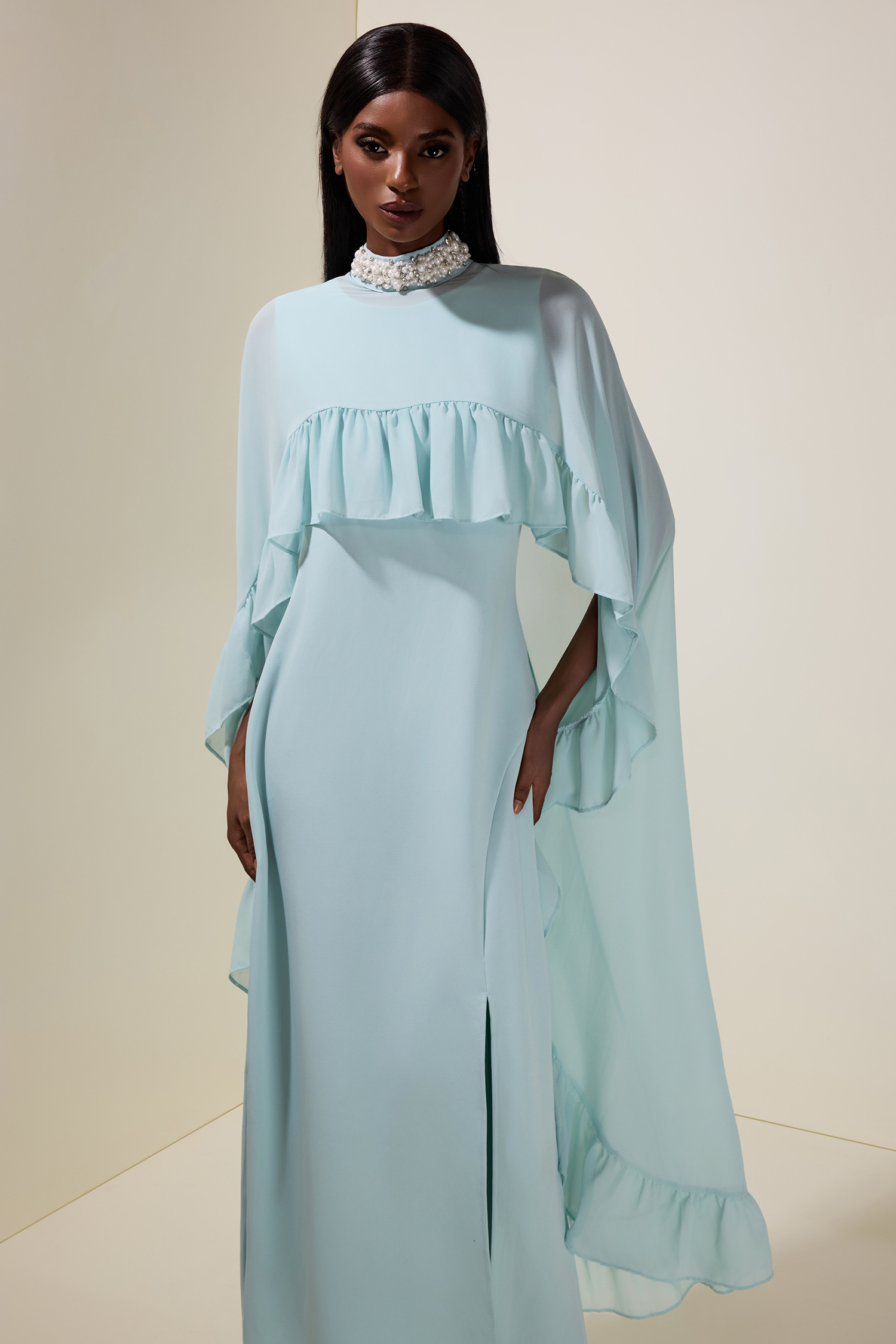 Sleeveless Midi Dress With Rhinestone Ruffle Cape