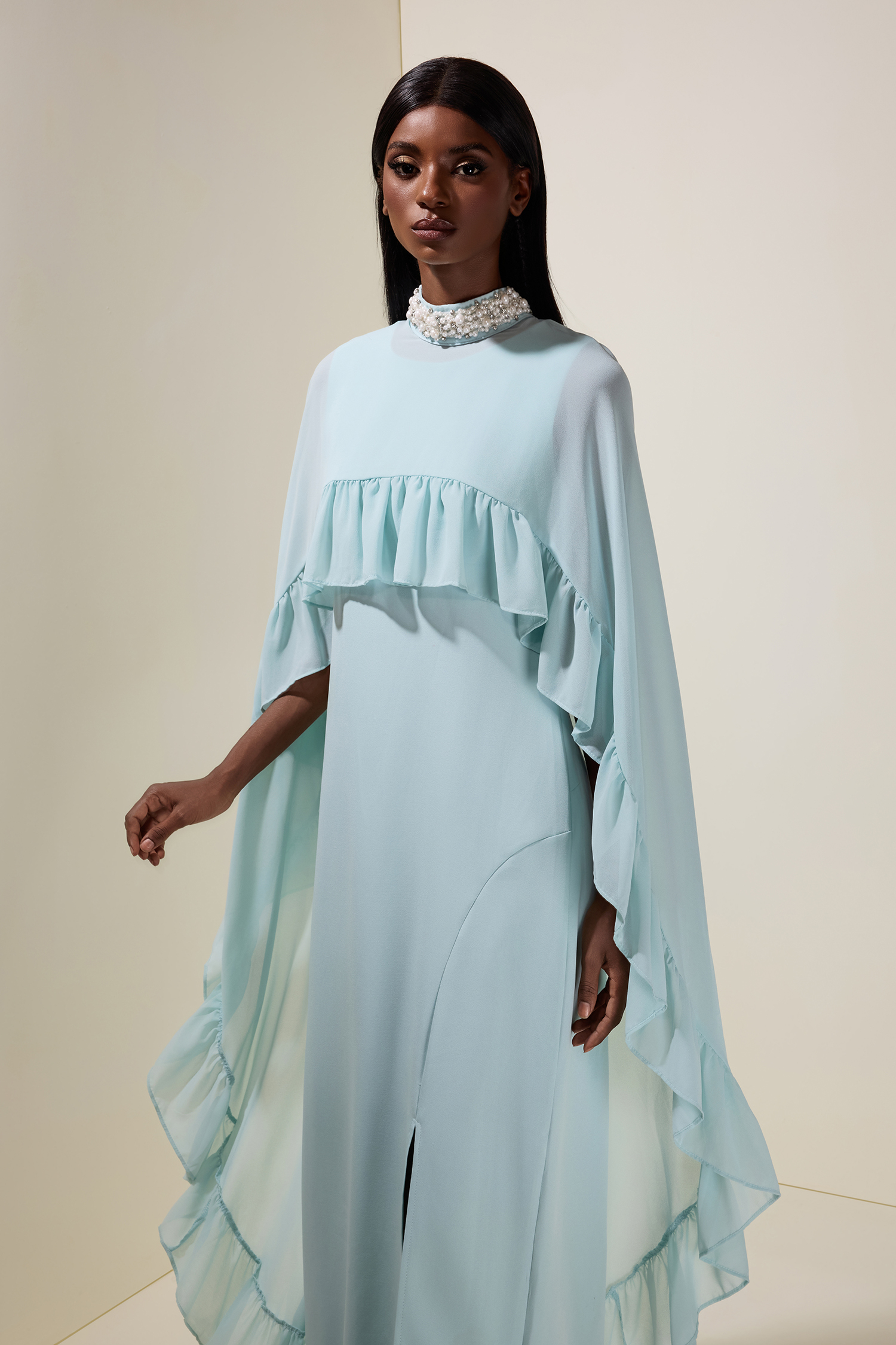 Sleeveless Midi Dress With Rhinestone Ruffle Cape