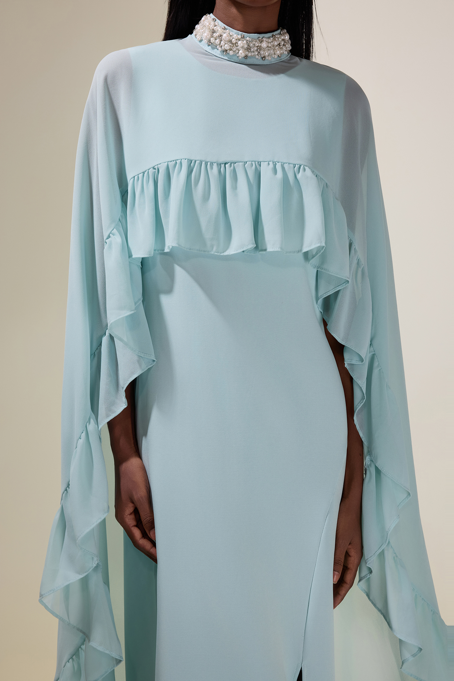 Sleeveless Midi Dress With Rhinestone Ruffle Cape