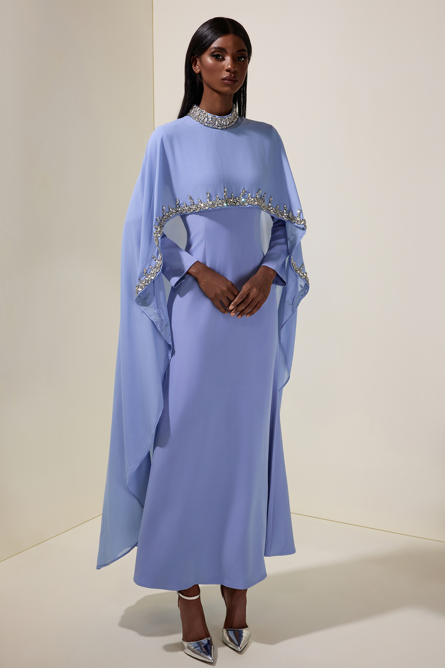 Long Sleeve Maxi Dress With Rhinestone Cape