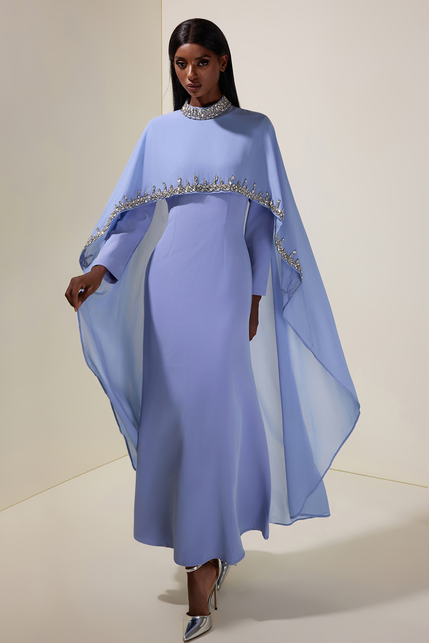 Long Sleeve Maxi Dress With Rhinestone Cape