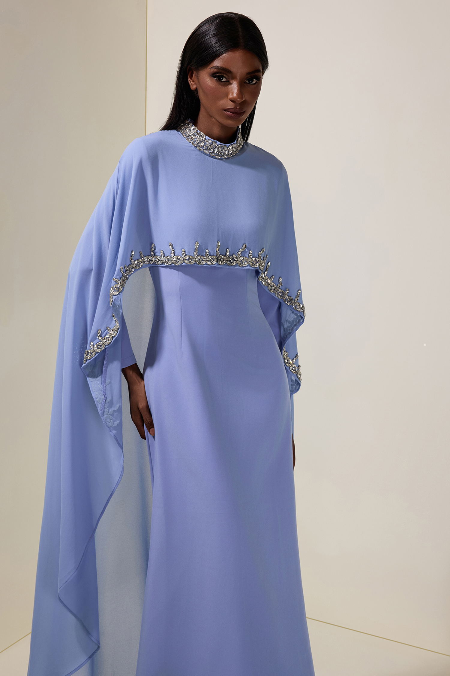 Long Sleeve Maxi Dress With Rhinestone Cape