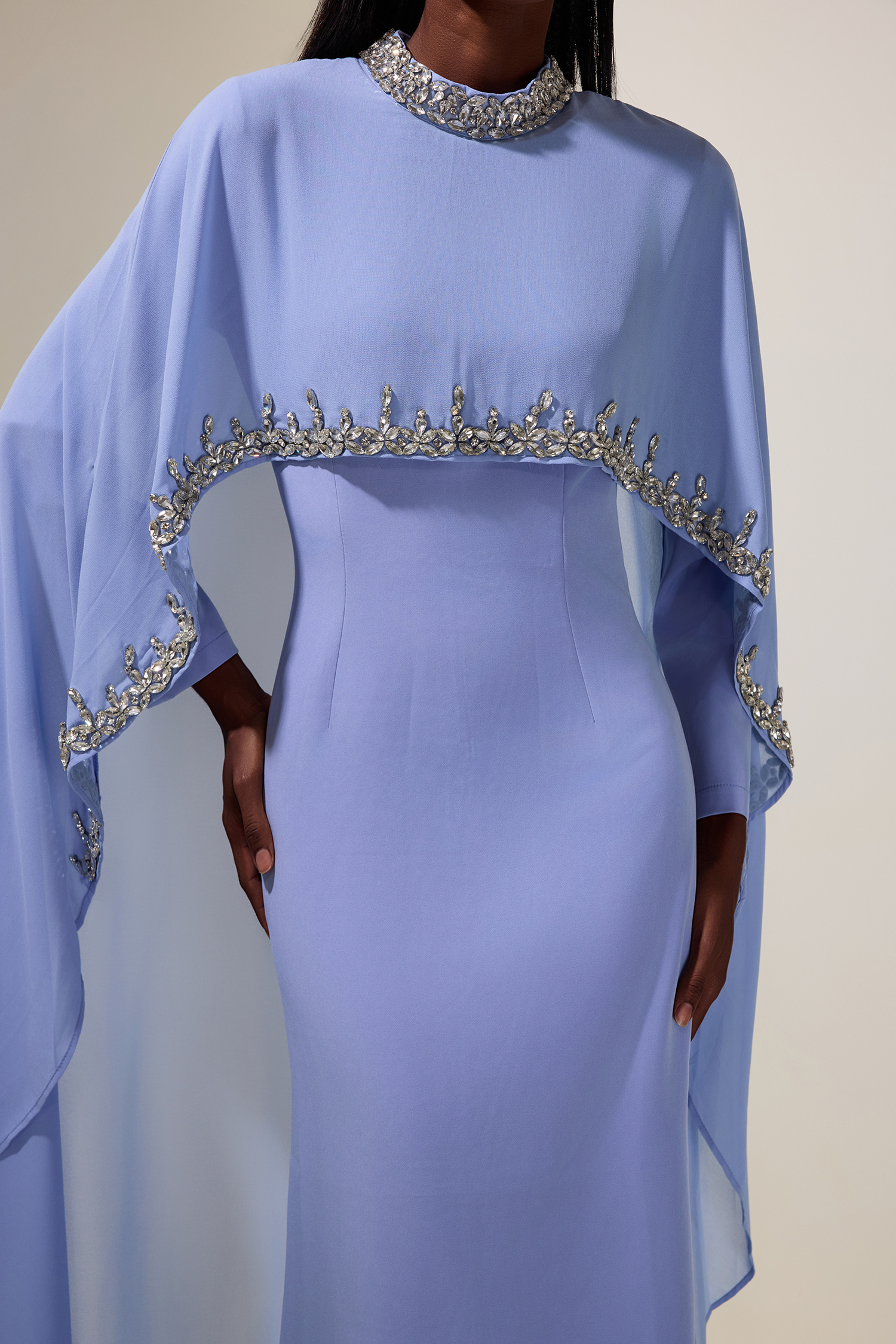 Long Sleeve Maxi Dress With Rhinestone Cape